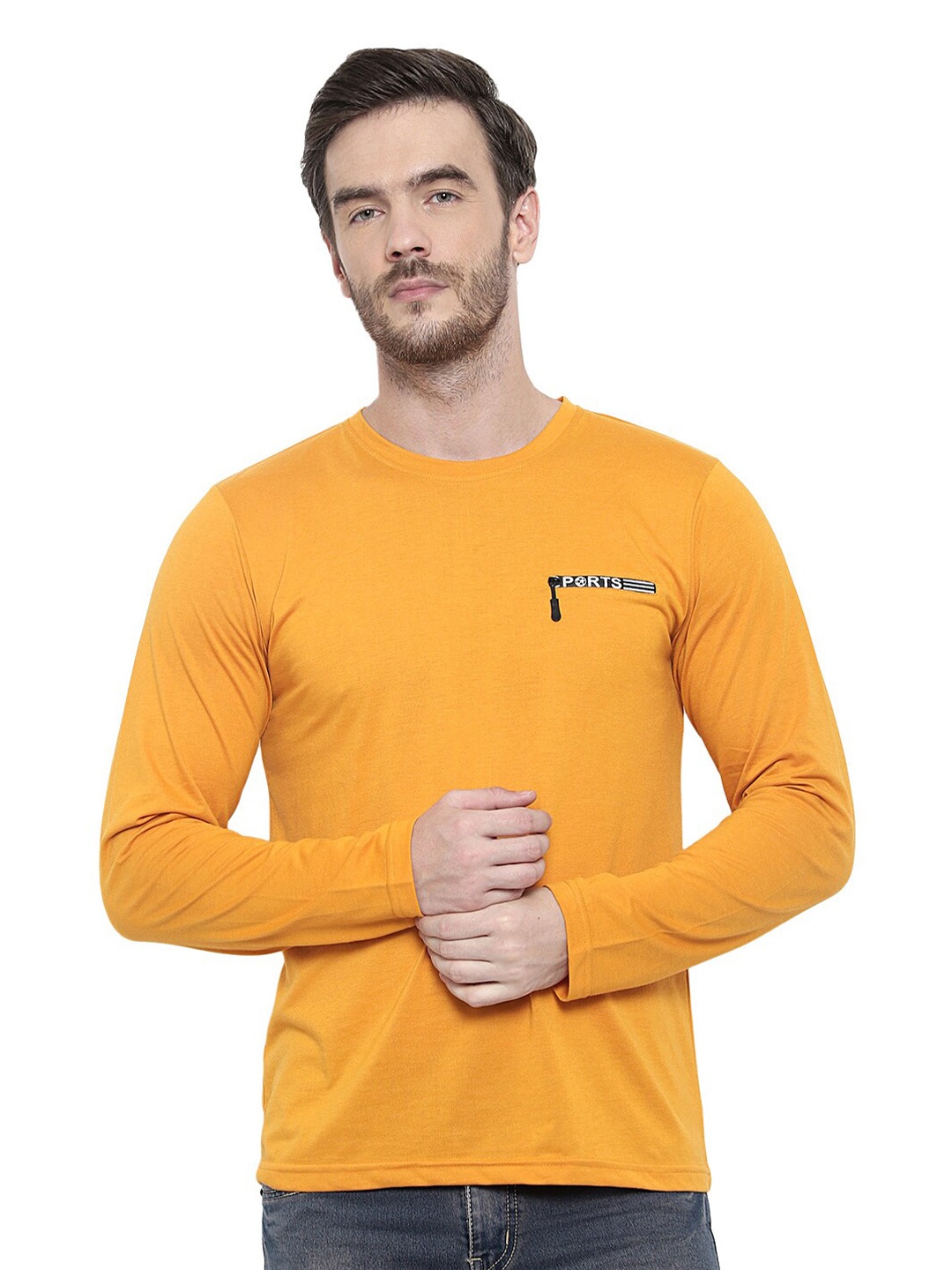 

GLITO Round Neck Long Sleeves Cotton T-shirt, Yellow