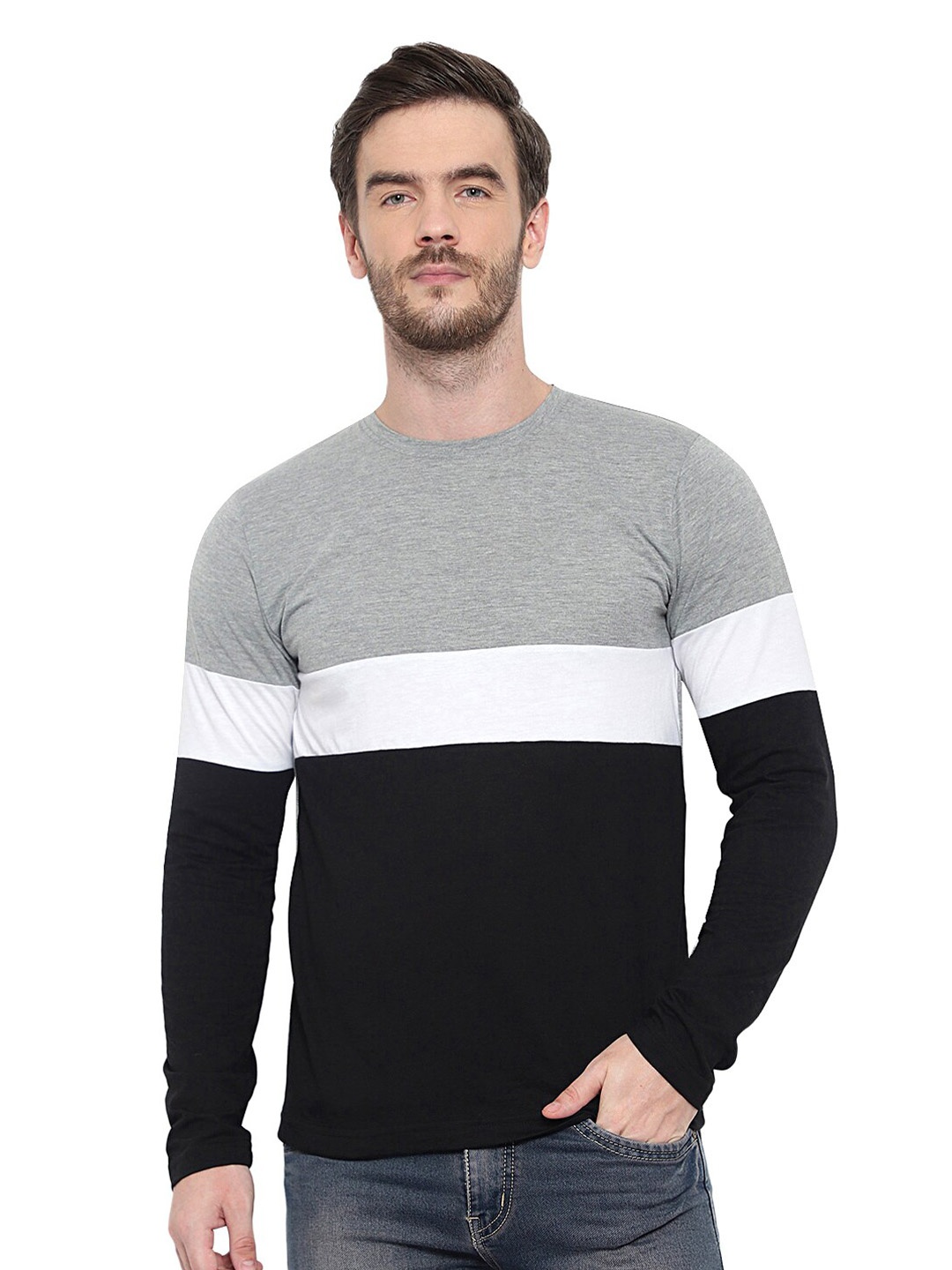 

GLITO Colourblocked Long Sleeves Cotton T-shirt, Grey