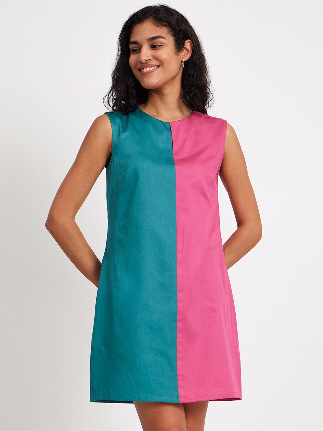 

FableStreet Colourblocked Round Neck A-Line Dress, Teal