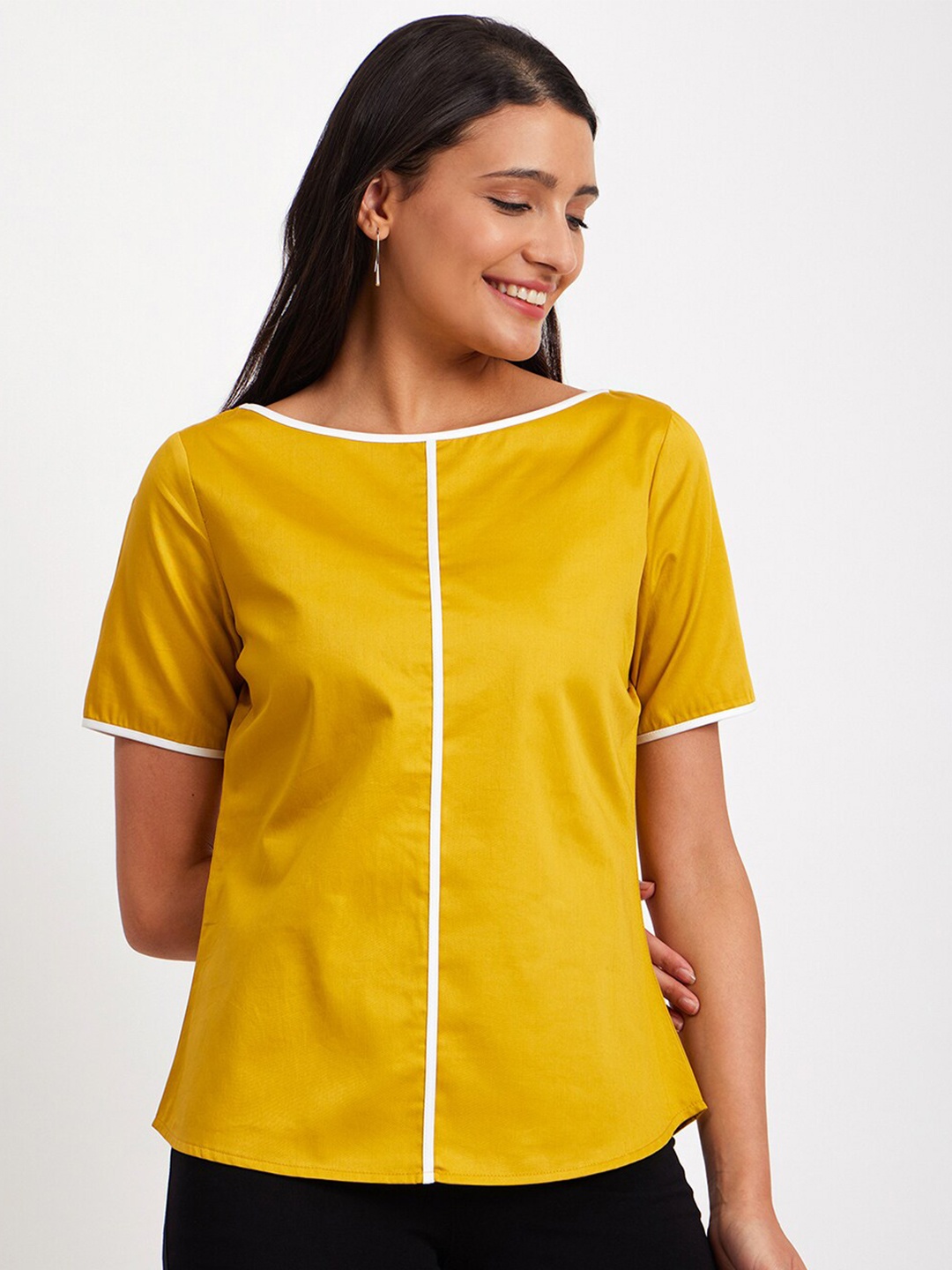 

FableStreet Boat Neck Regular Pure Cotton Top, Mustard