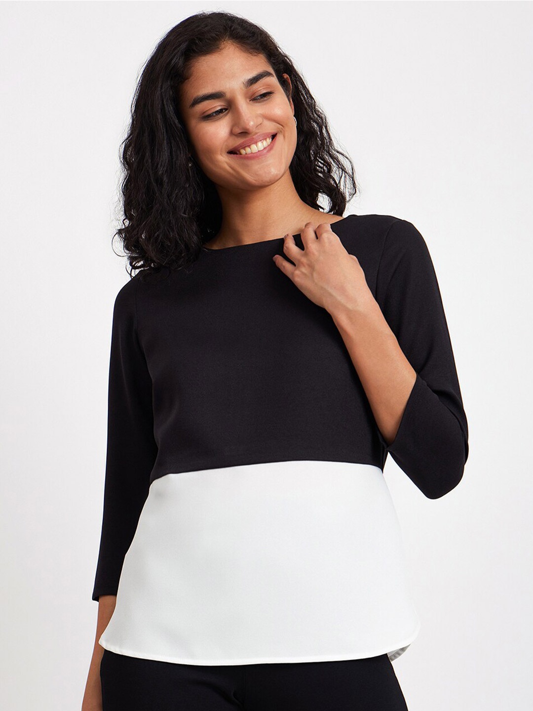 

FableStreet Colourblocked Boat Neck Top, Black