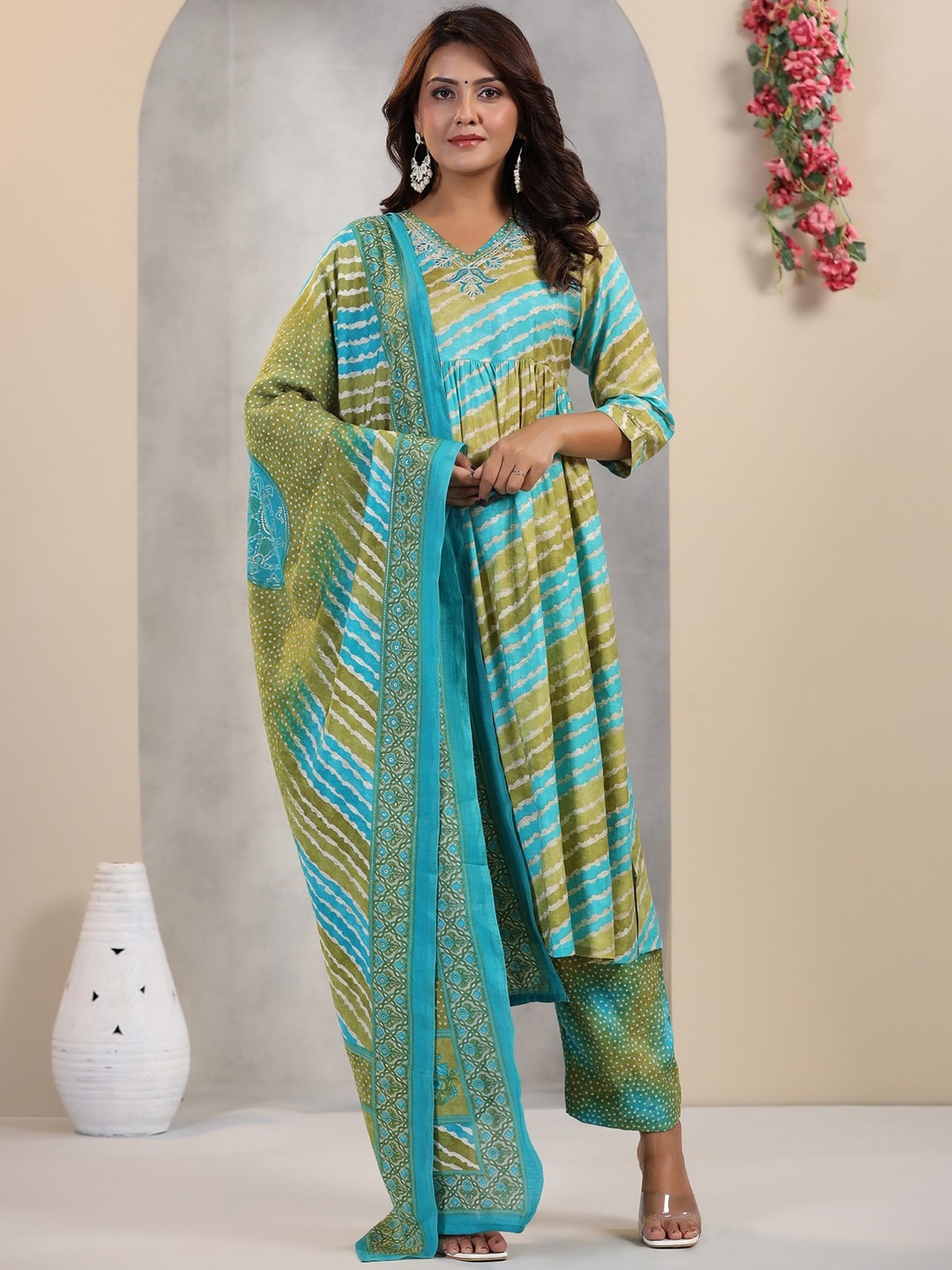 

EtnicaWear Leheriya Striped Pure Silk Empire Kurta & Trousers With Dupatta, Green