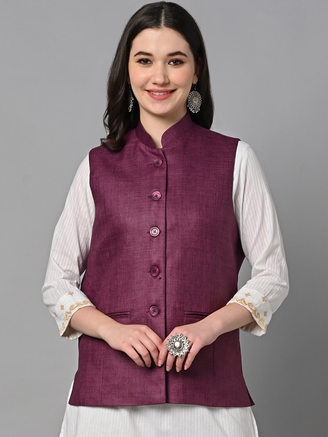 

Vastraa Fusion Pure Cotton Nehru Jacket, Purple