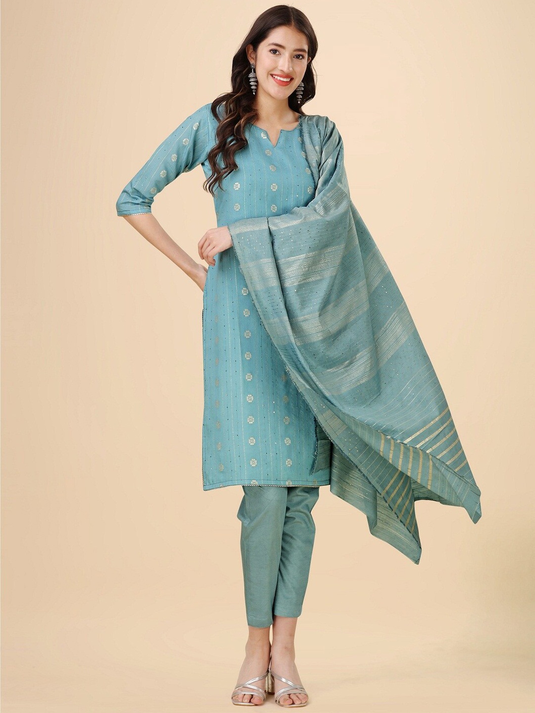 

Hinayat Fashion Striped Regular Sequinned Chanderi Silk Kurta & Trousers With Dupatta, Turquoise blue