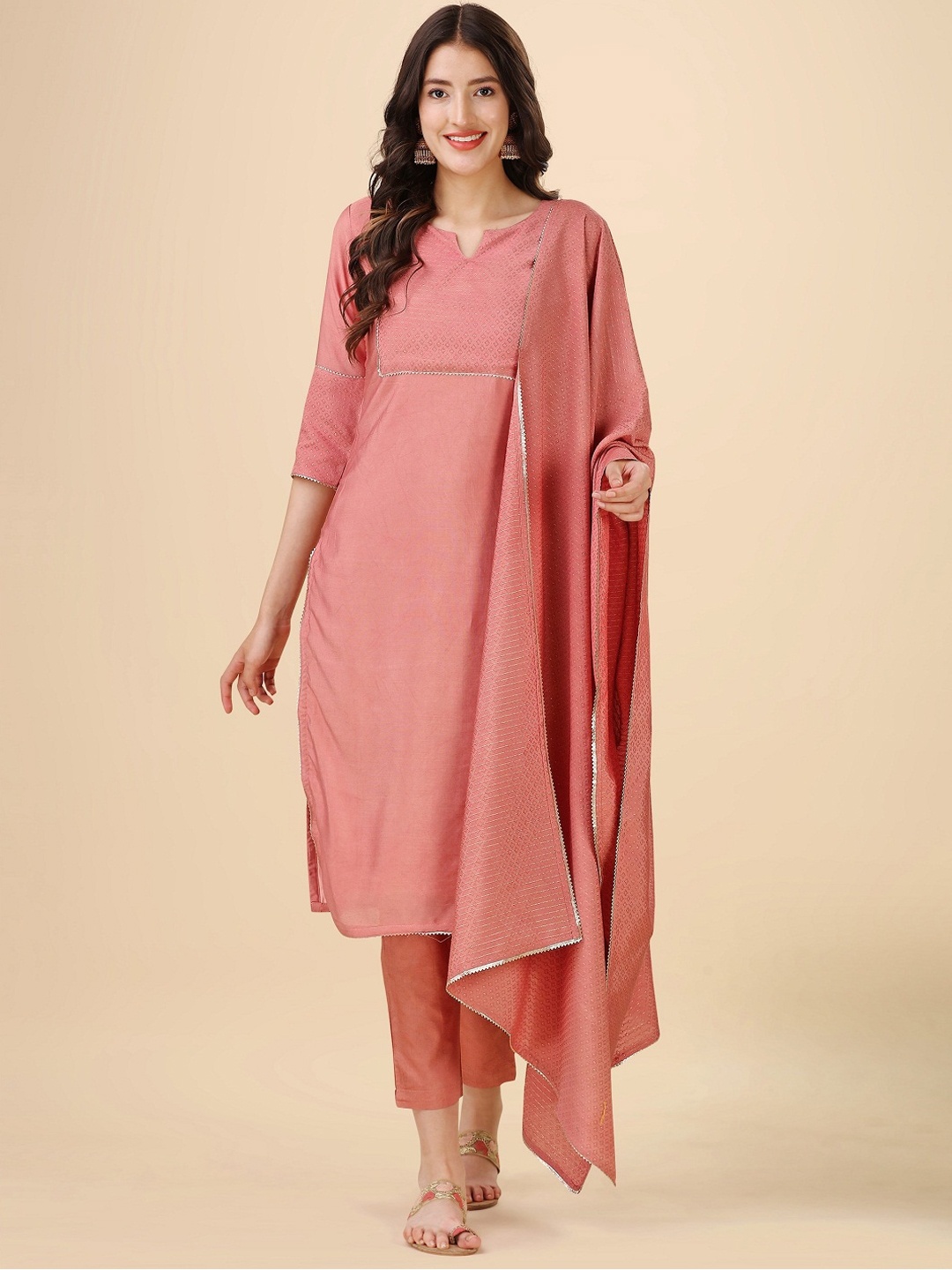 

Hinayat Fashion Yoke Design Regular Chanderi Silk Kurta & Trousers With Dupatta, Peach