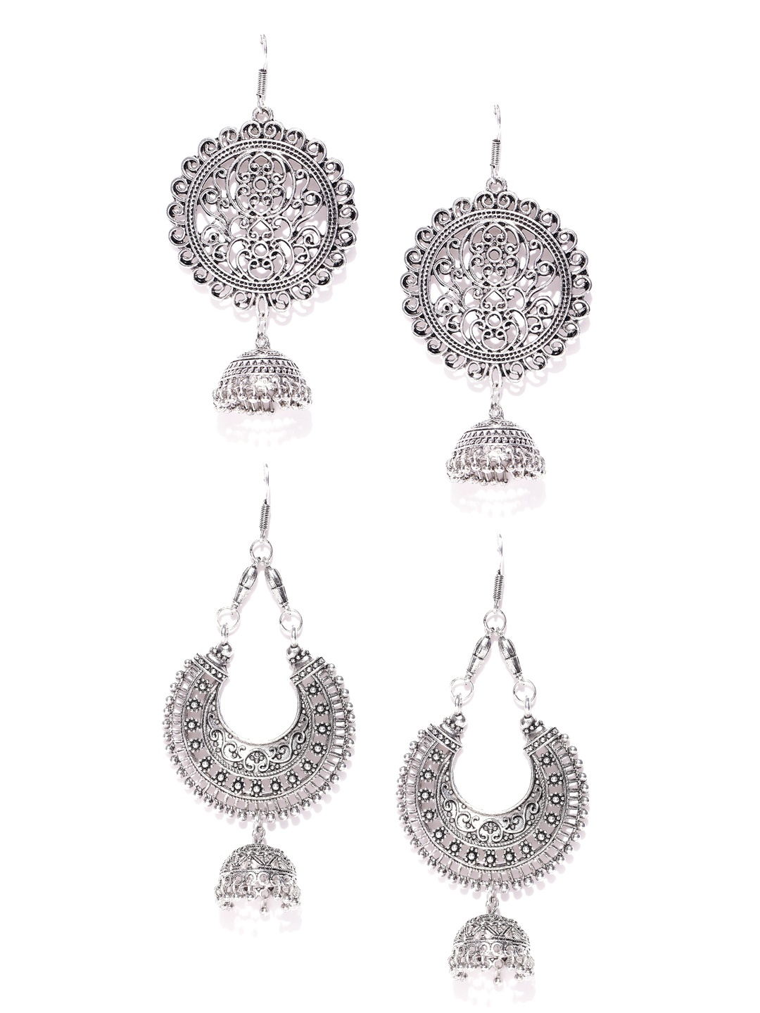 

Zaveri Pearls Set of 2 Oxidised Silver-Plated Jhumkas