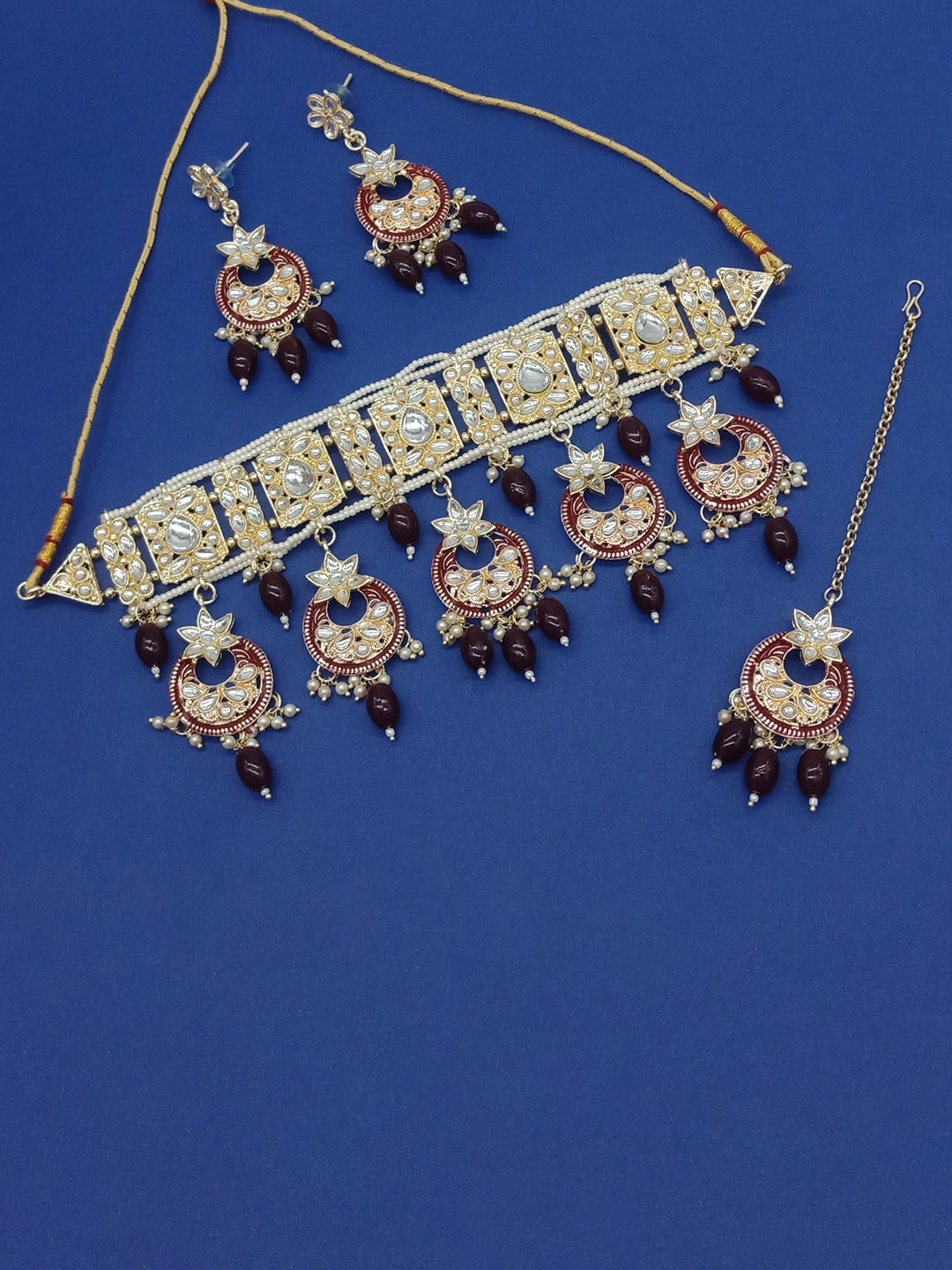 

AASHISH IMITATION Gold-Plated Kundan-Studded & Beaded Meenakari Jewellery Set