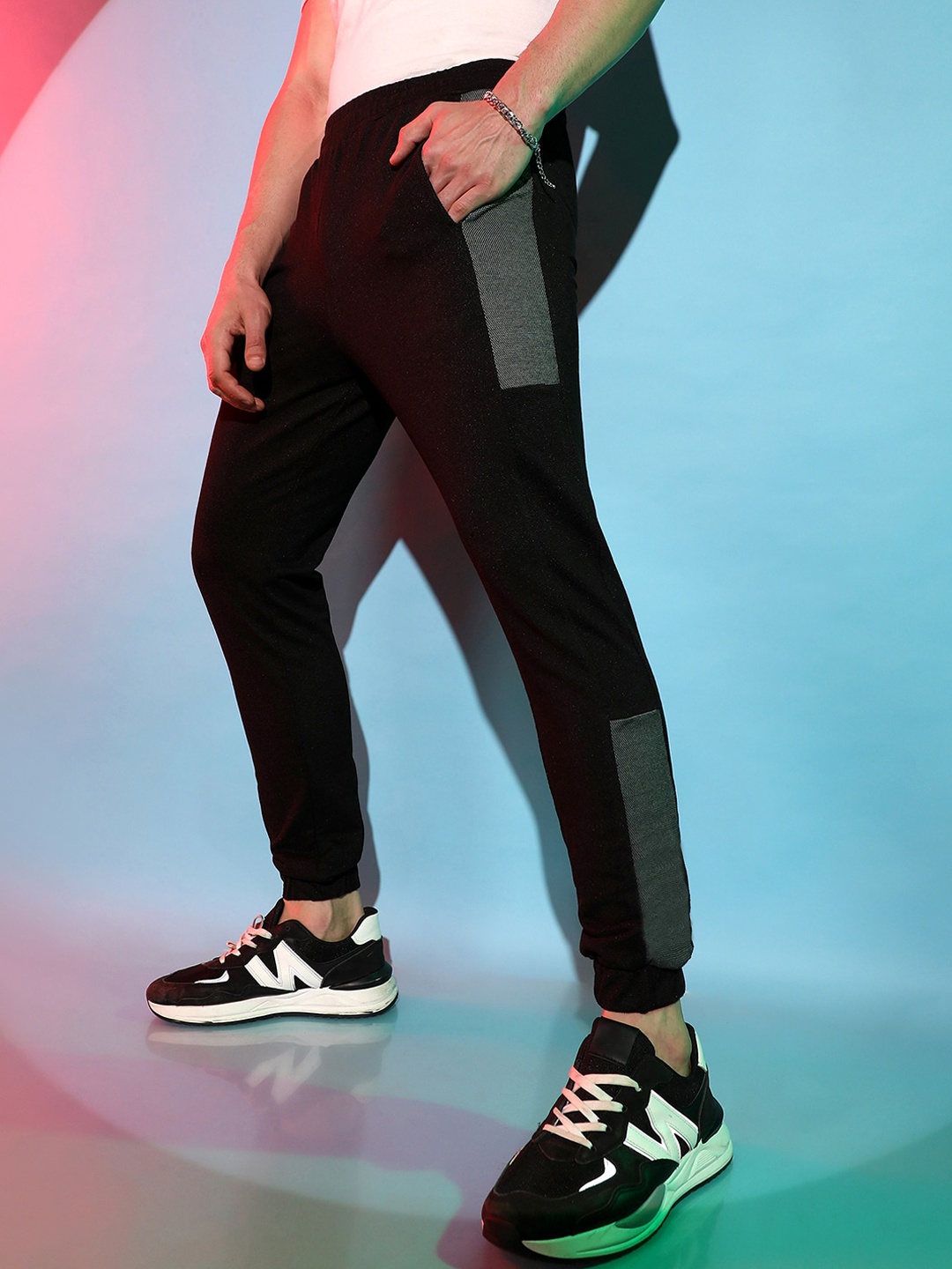 

Campus Sutra Men Black & Grey Colourblocked Cotton Track Pants