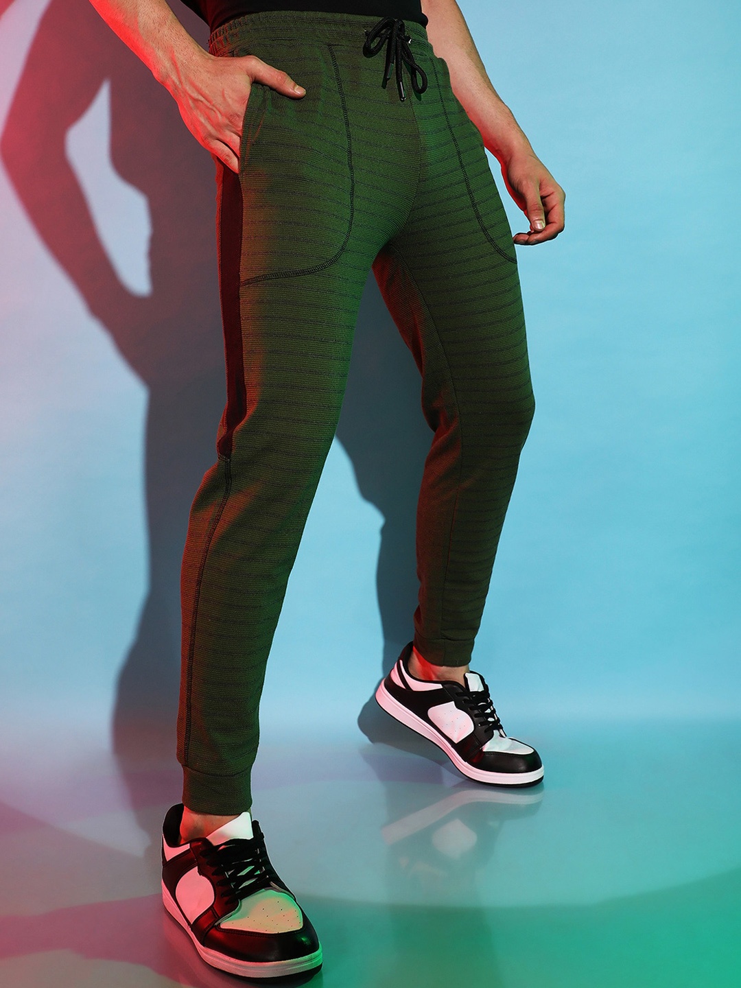 

Campus Sutra Men Green Striped Cotton Track Pants