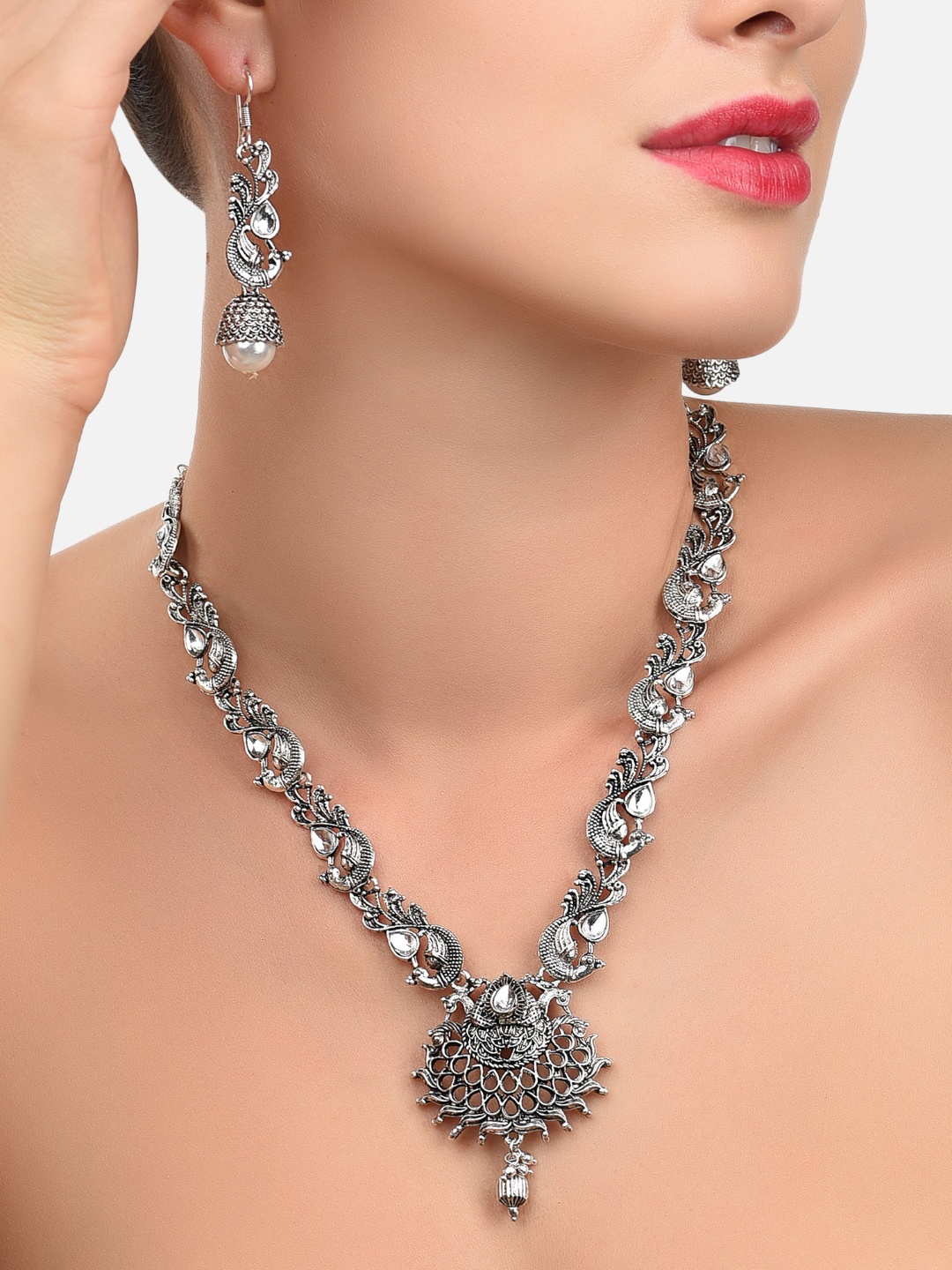 

Zaveri Pearls Oxidised Silver-Toned Stone-Studded Jewellery Set