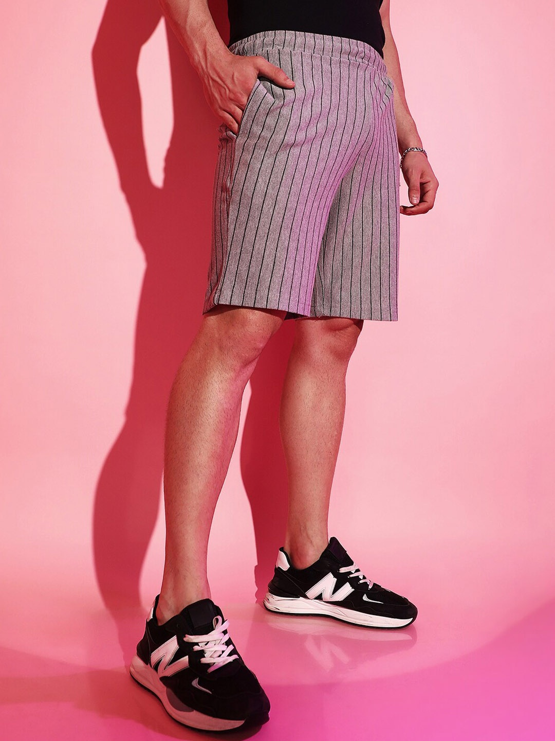 

Campus Sutra Men Grey Striped Cotton Regular Shorts