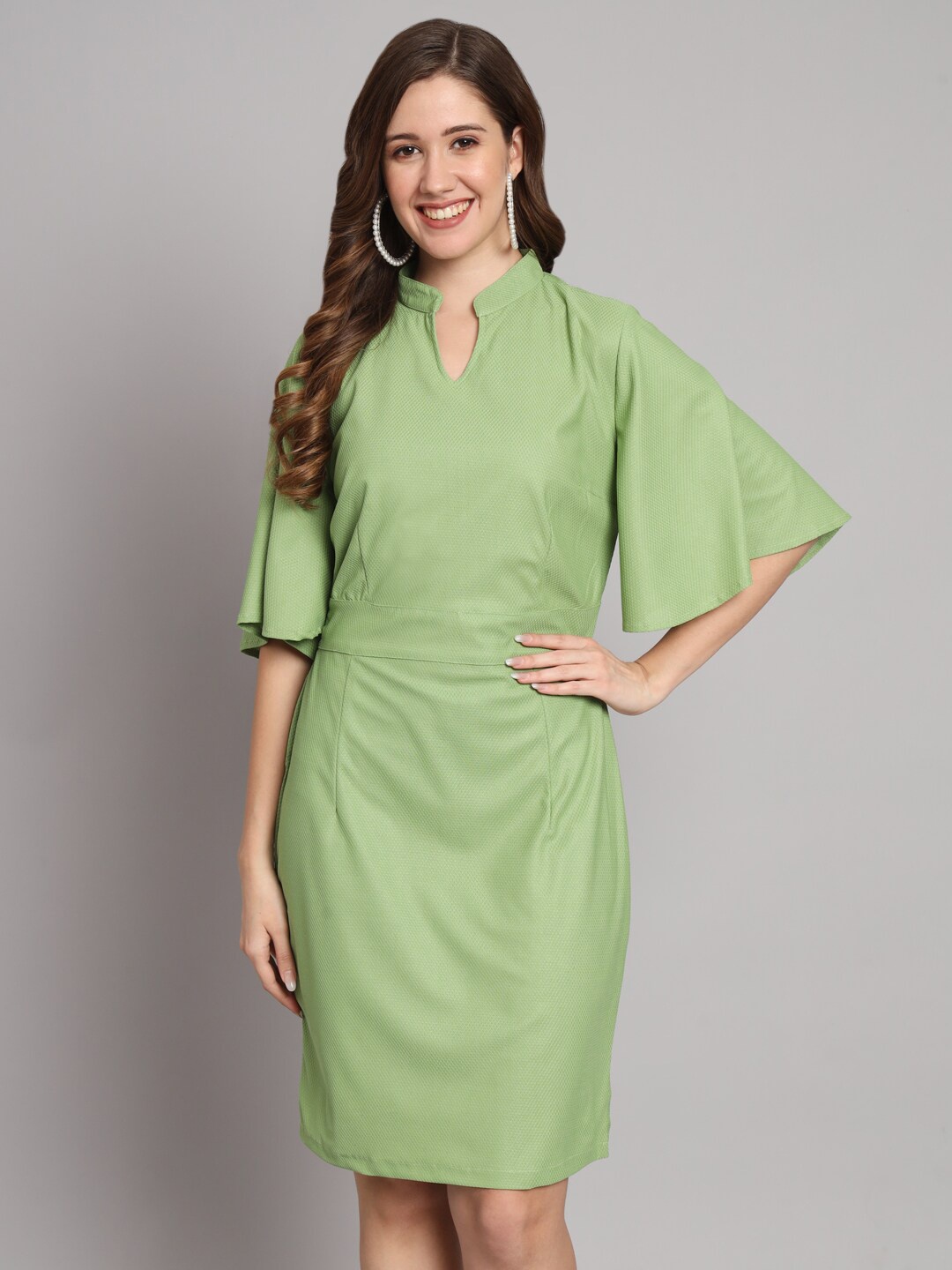 

Funday Fashion Mandarin Collar Flared Sleeve Sheath Dress, Green
