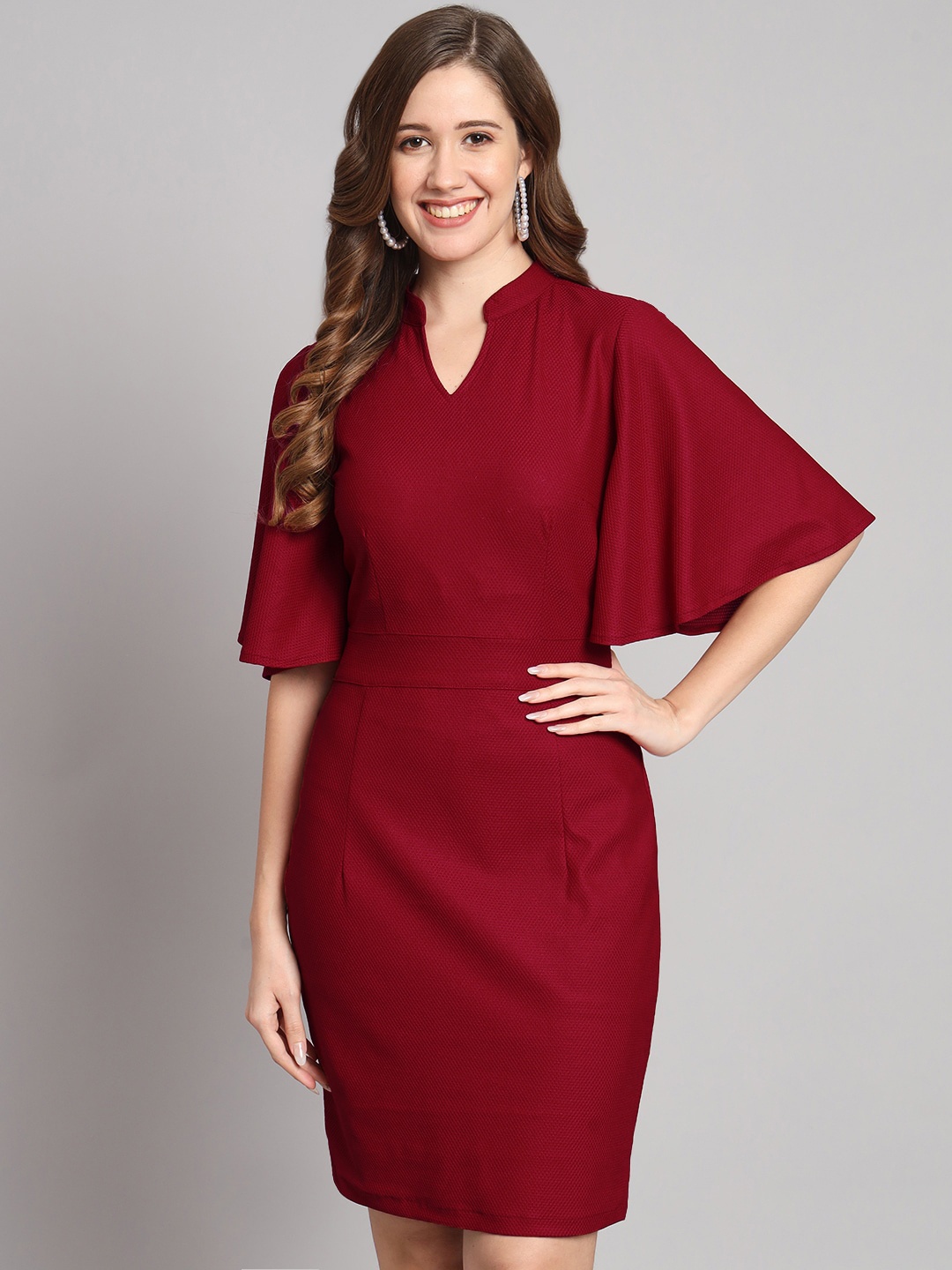 

Funday Fashion Mandarin Collar Flared Sleeve Sheath Dress, Maroon