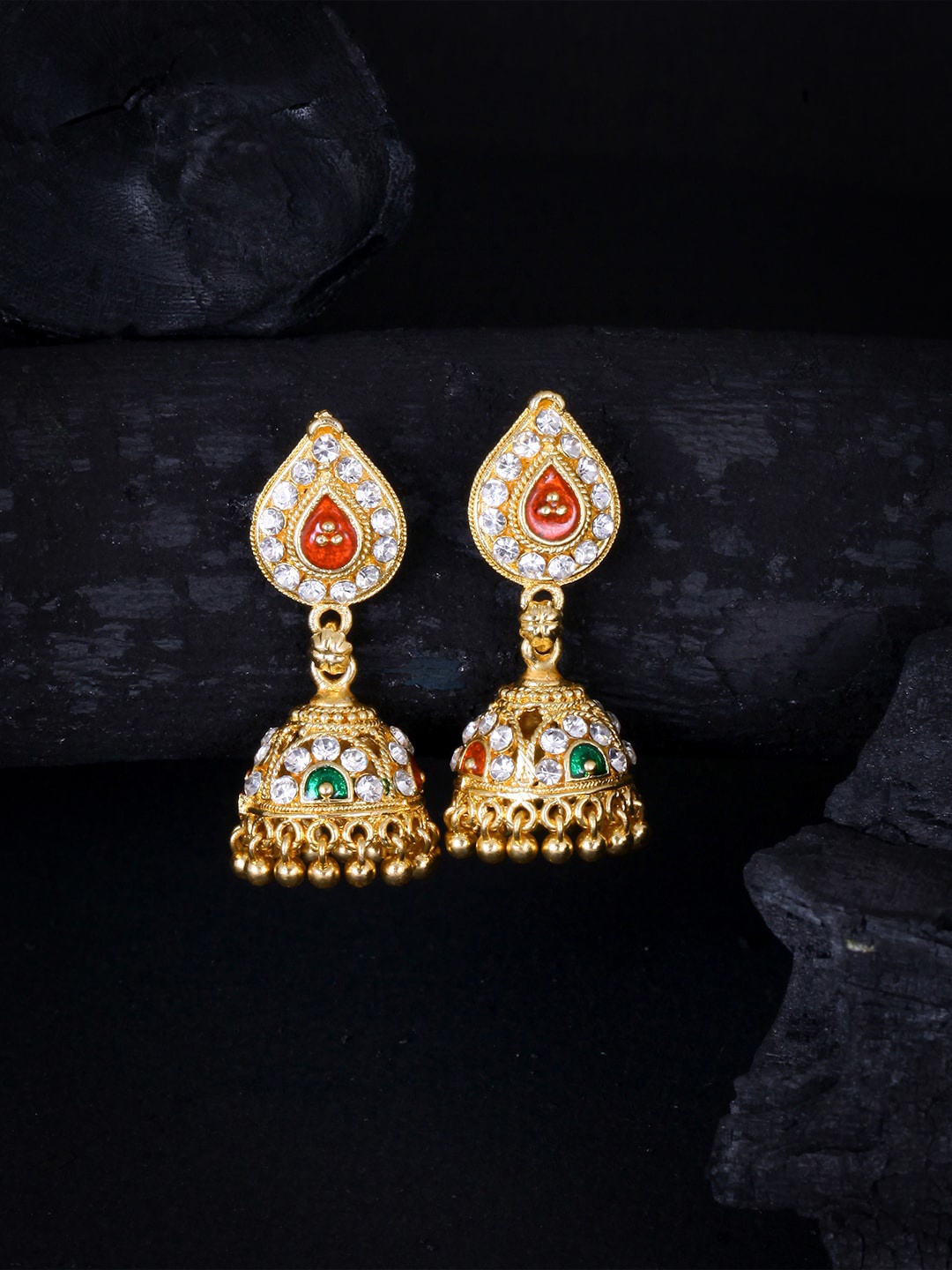 

MEENAZ Gold-Plated Artificial Stone Studded Dome Shaped Jhumkas