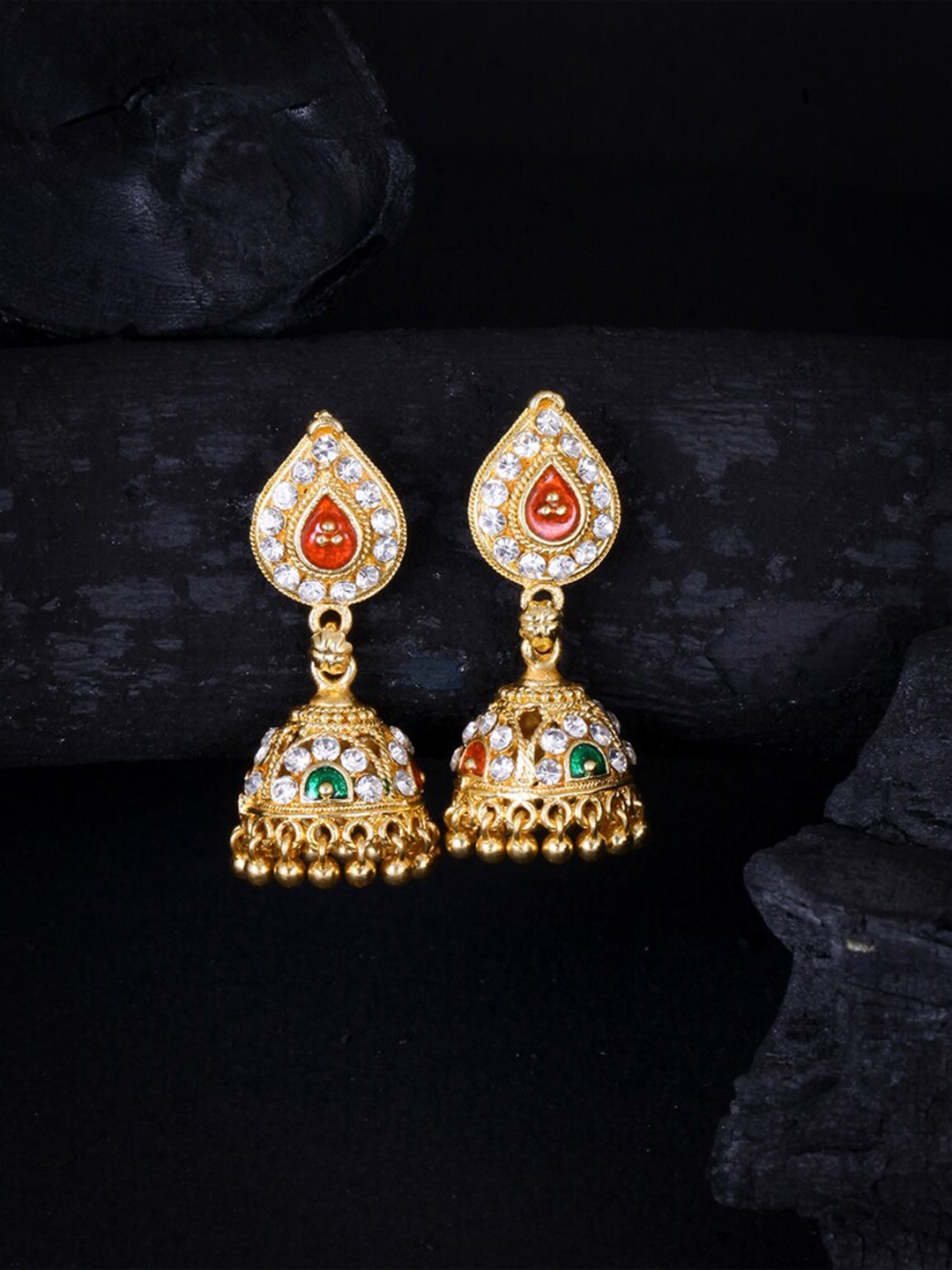 

MEENAZ Gold-Plated Stone Studded Dome Shaped Jhumkas