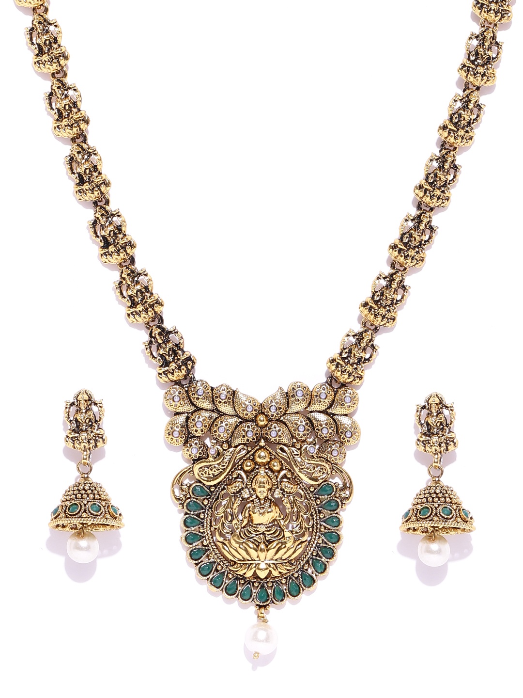 

Zaveri Pearls Antique Gold-Toned Goddess Lakshmi-Textured Stone-Studded Jewellery Set