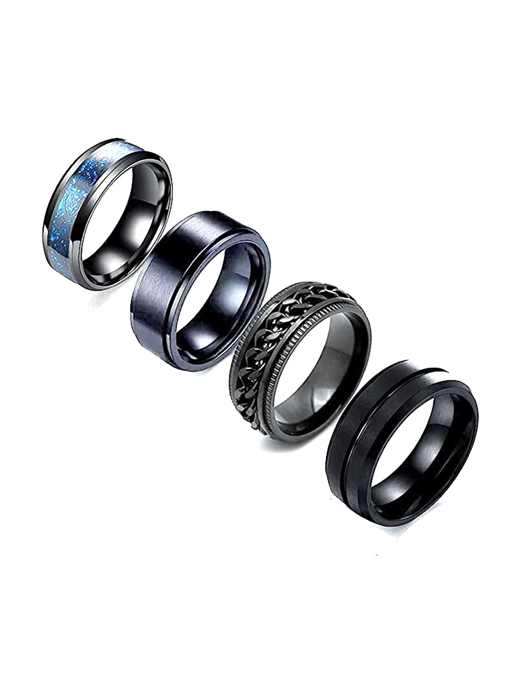 

MEENAZ Unisex Set Of 4 Silver-Plated Band Finger Rings, Black
