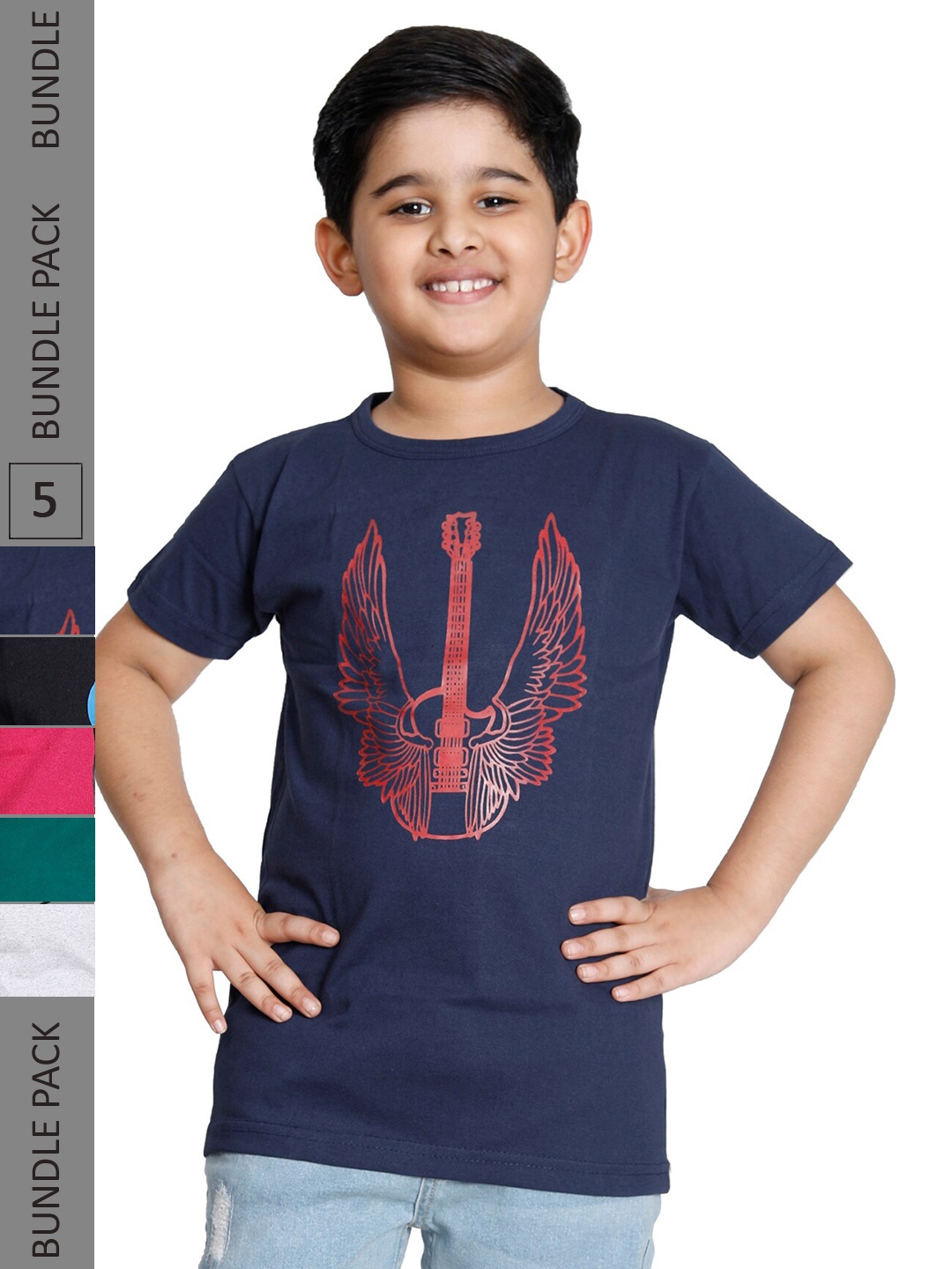 

IndiWeaves Boys Pack of 5 Printed Cotton T-shirts, Navy blue