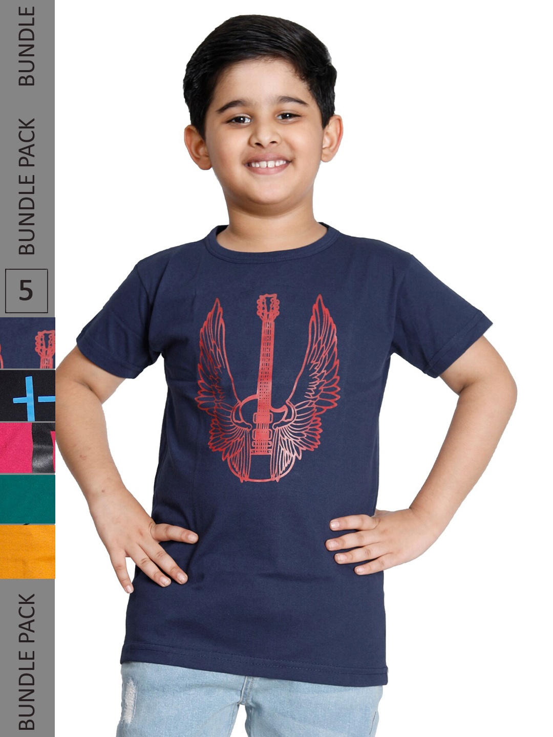 

IndiWeaves Boys Pack of 5 Printed Cotton T-shirts, Navy blue
