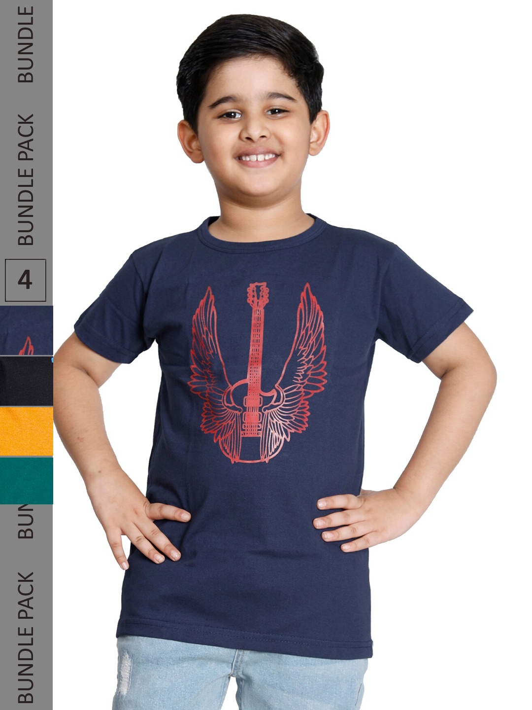 

IndiWeaves Boys Pack of 4 Printed Cotton T-shirts, Navy blue