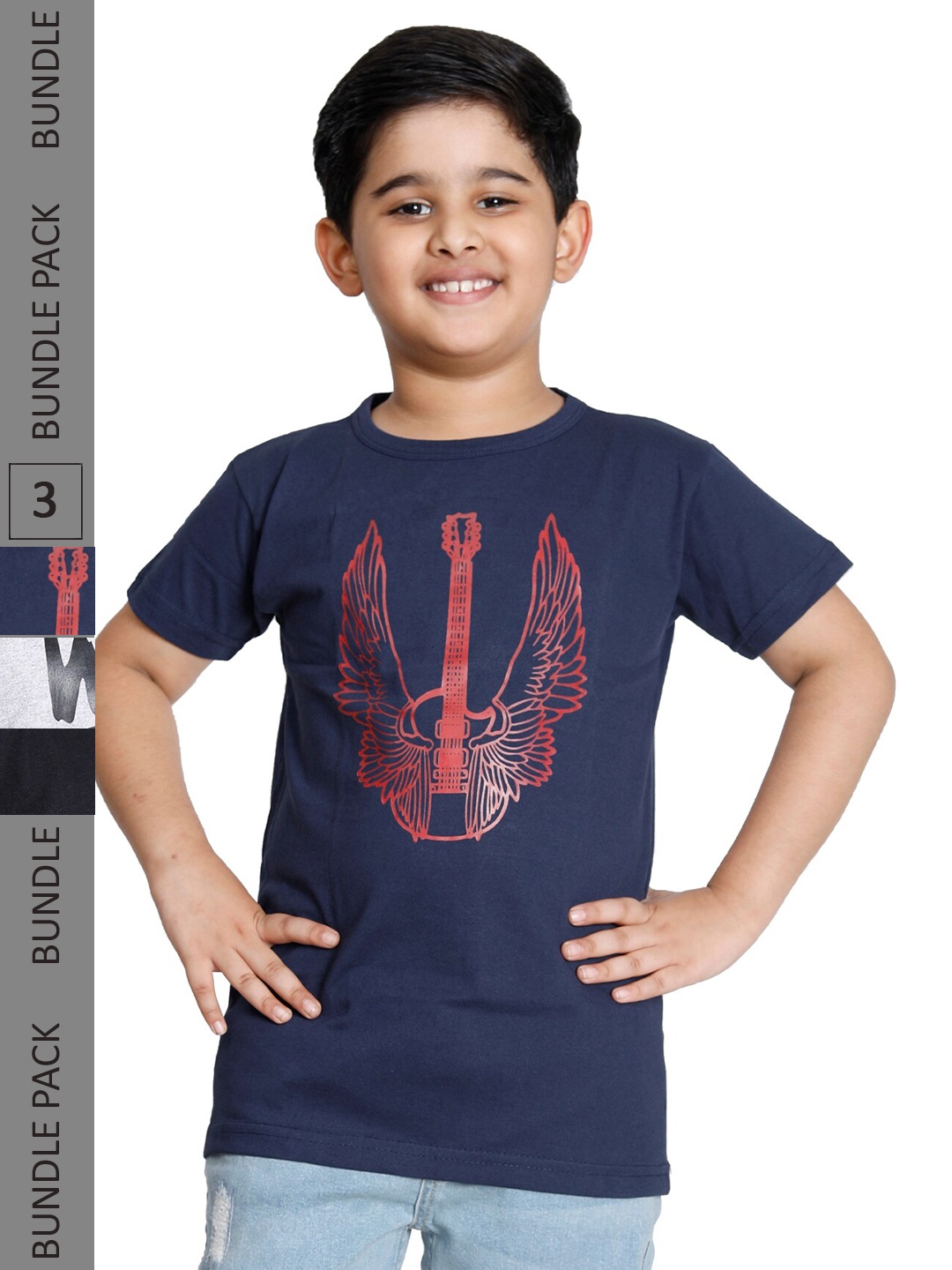 

IndiWeaves Boys Pack of 3 Printed Cotton T-shirts, Navy blue