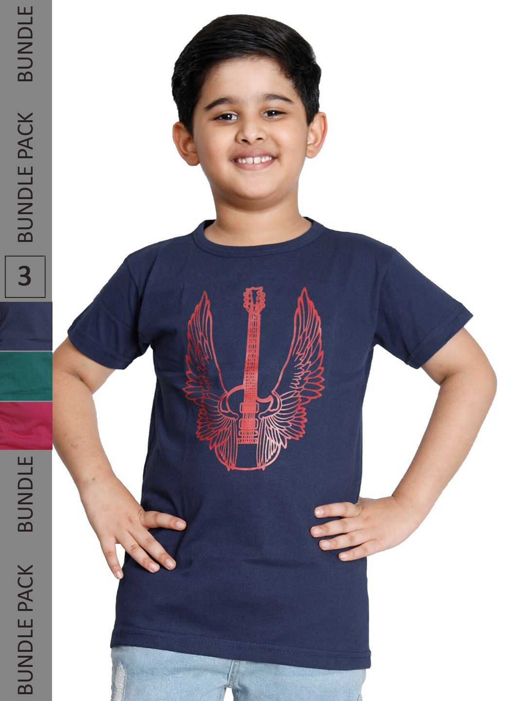 

IndiWeaves Boys Pack of 3 Printed Cotton T-shirts, Navy blue