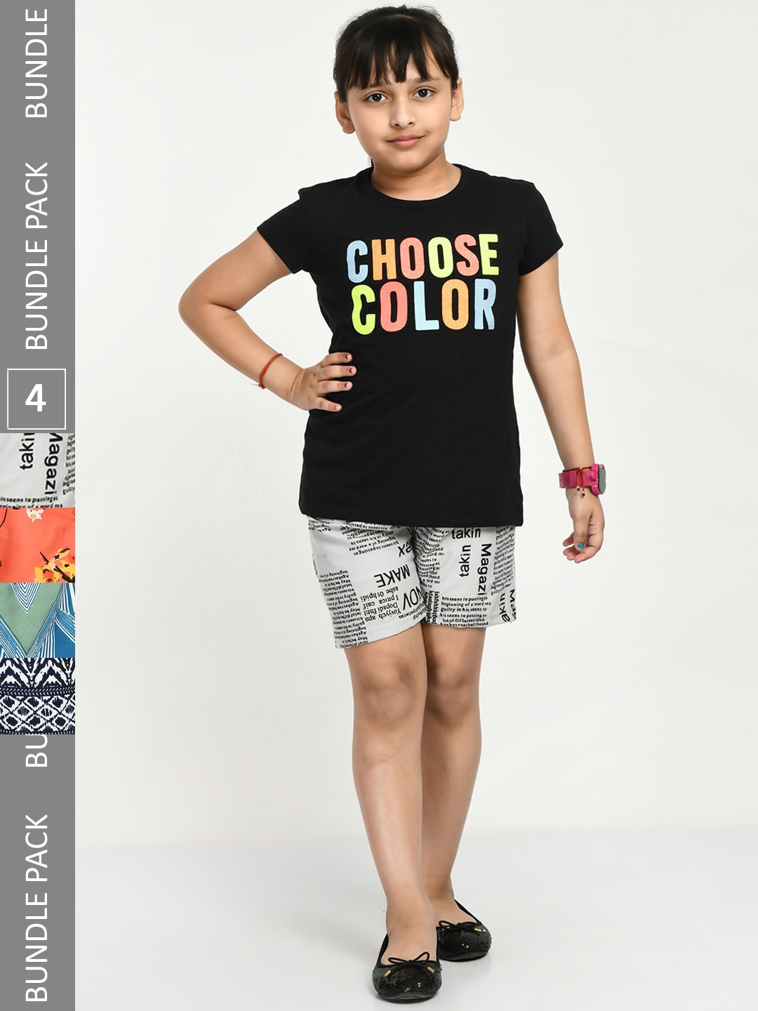 

IndiWeaves Girls Pack Of 4 Typography Printed High-Rise Shorts, Grey