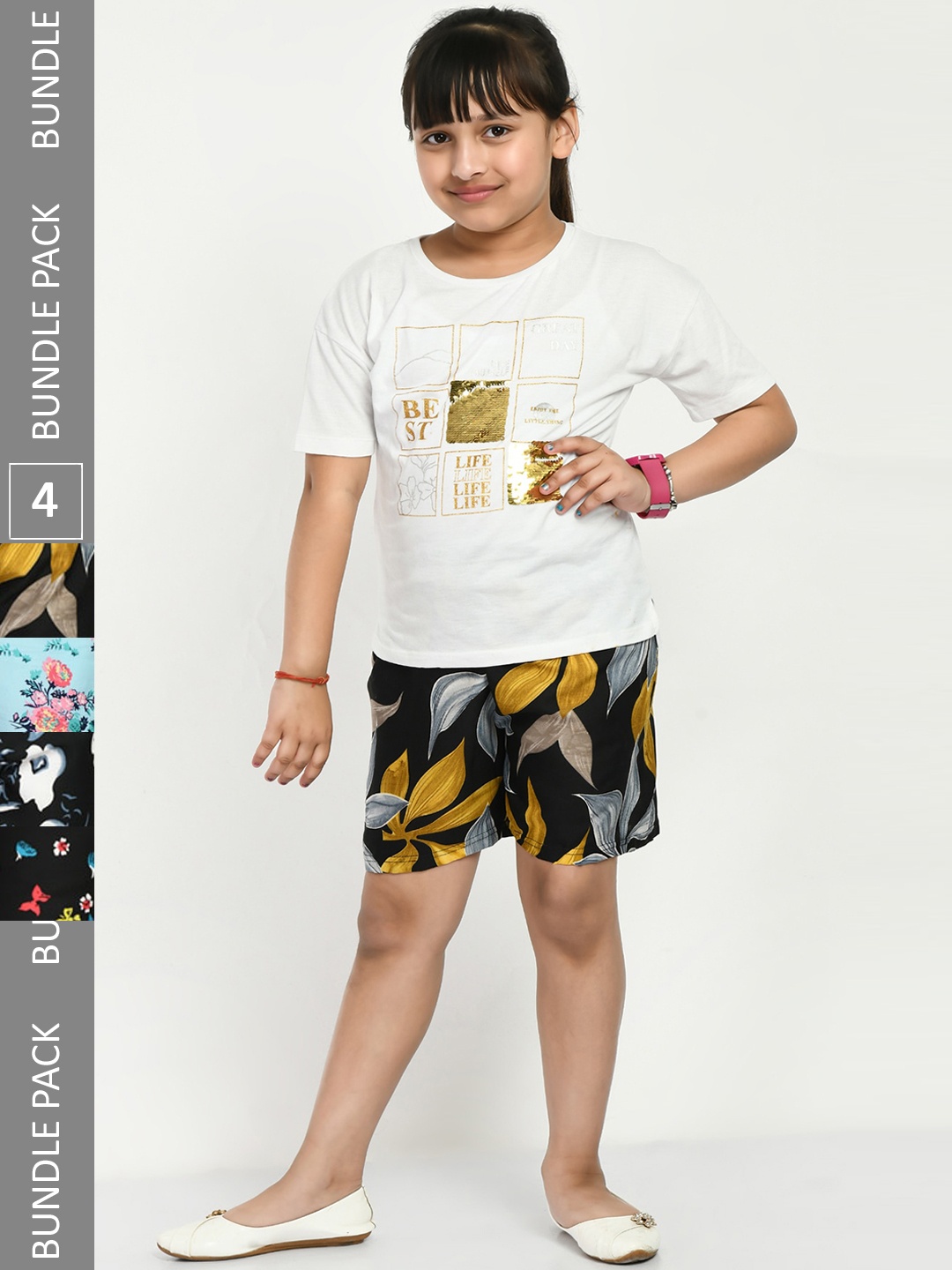 

IndiWeaves Girls Pack Of 4 Floral Printed High-Rise Shorts, Black