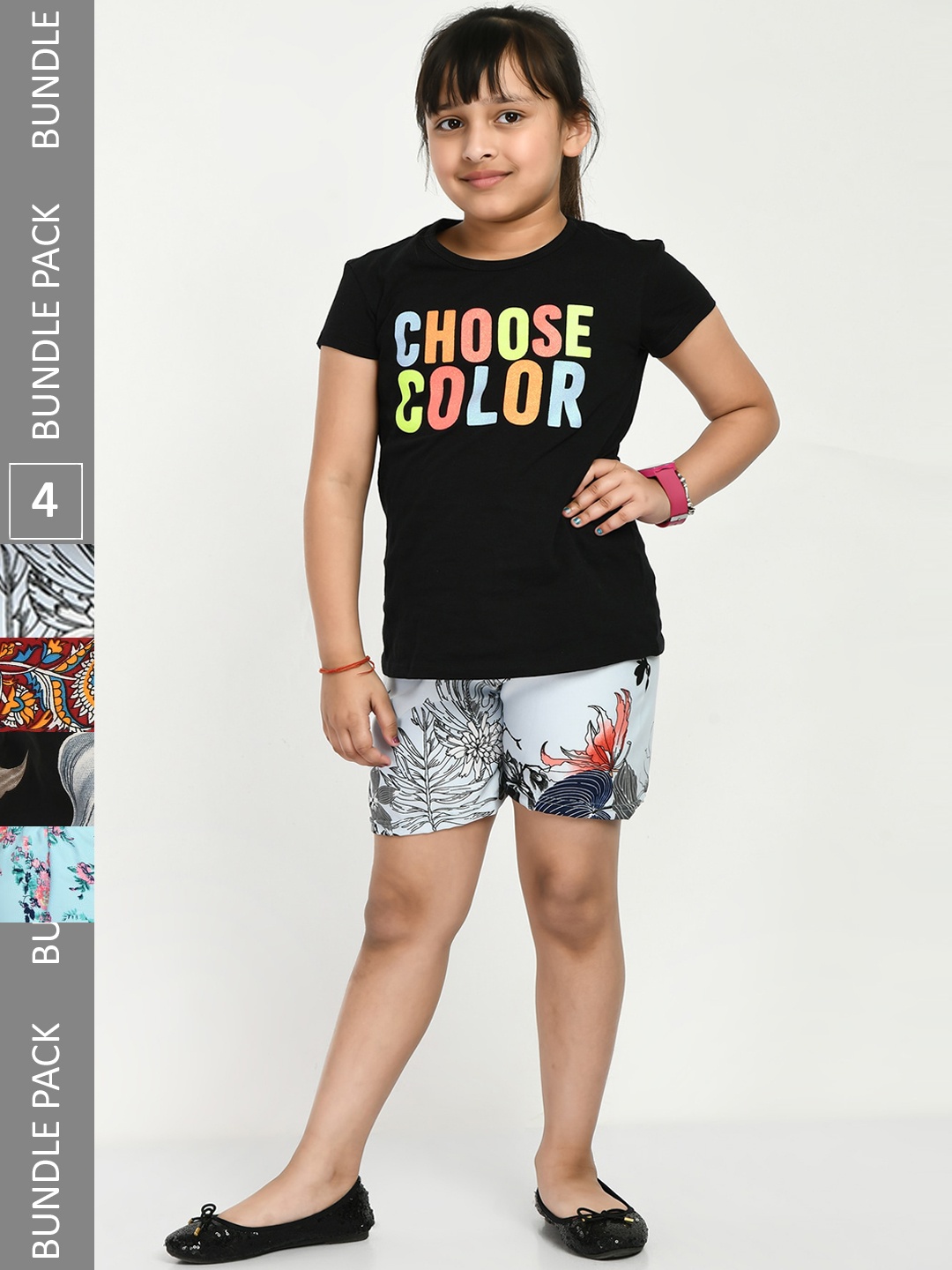 

IndiWeaves Girls Pack Of 4 Floral Printed High-Rise Shorts, Blue