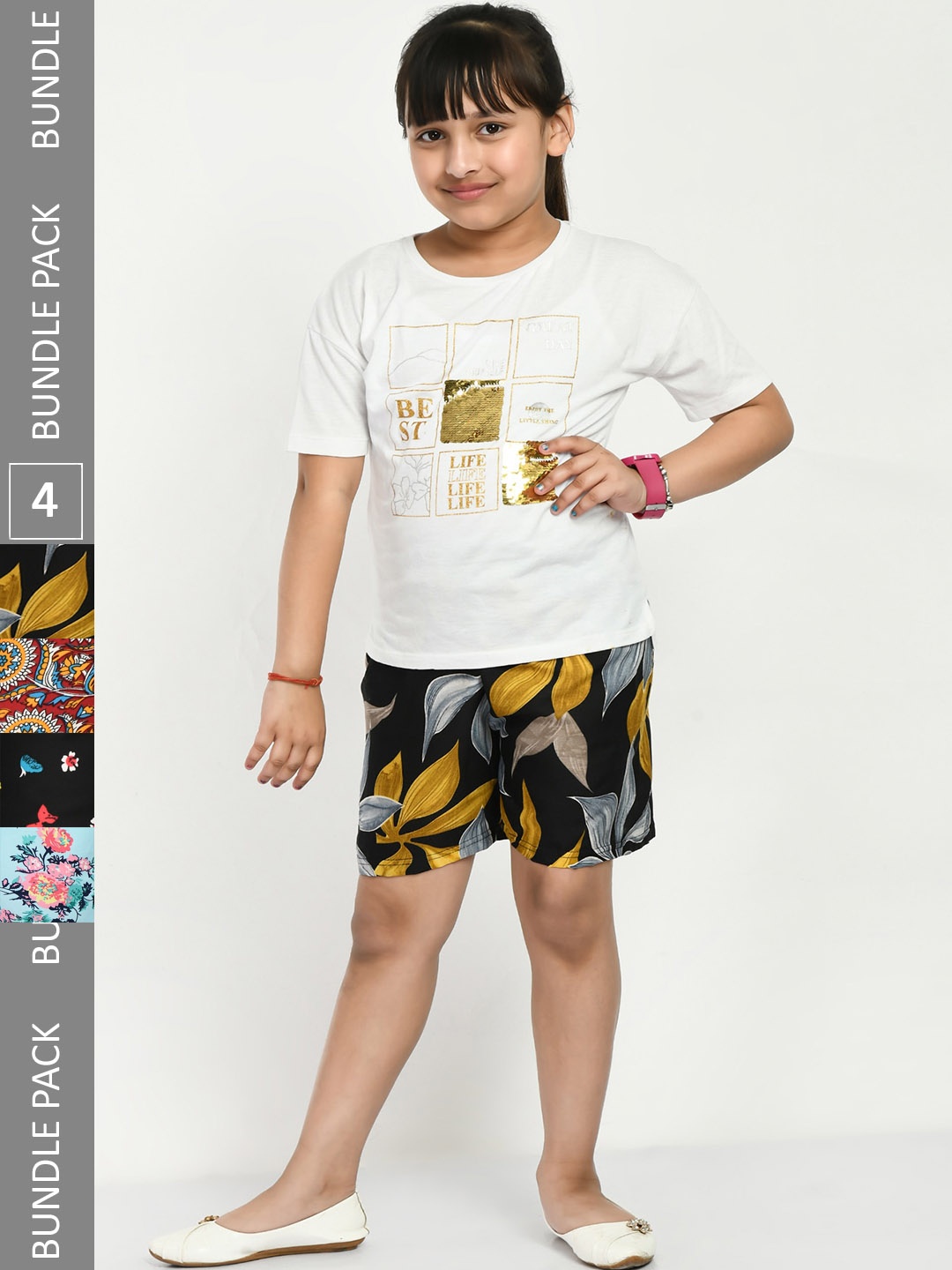 

IndiWeaves Girls Pack of 4 Floral Printed High-Rise Shorts, Black