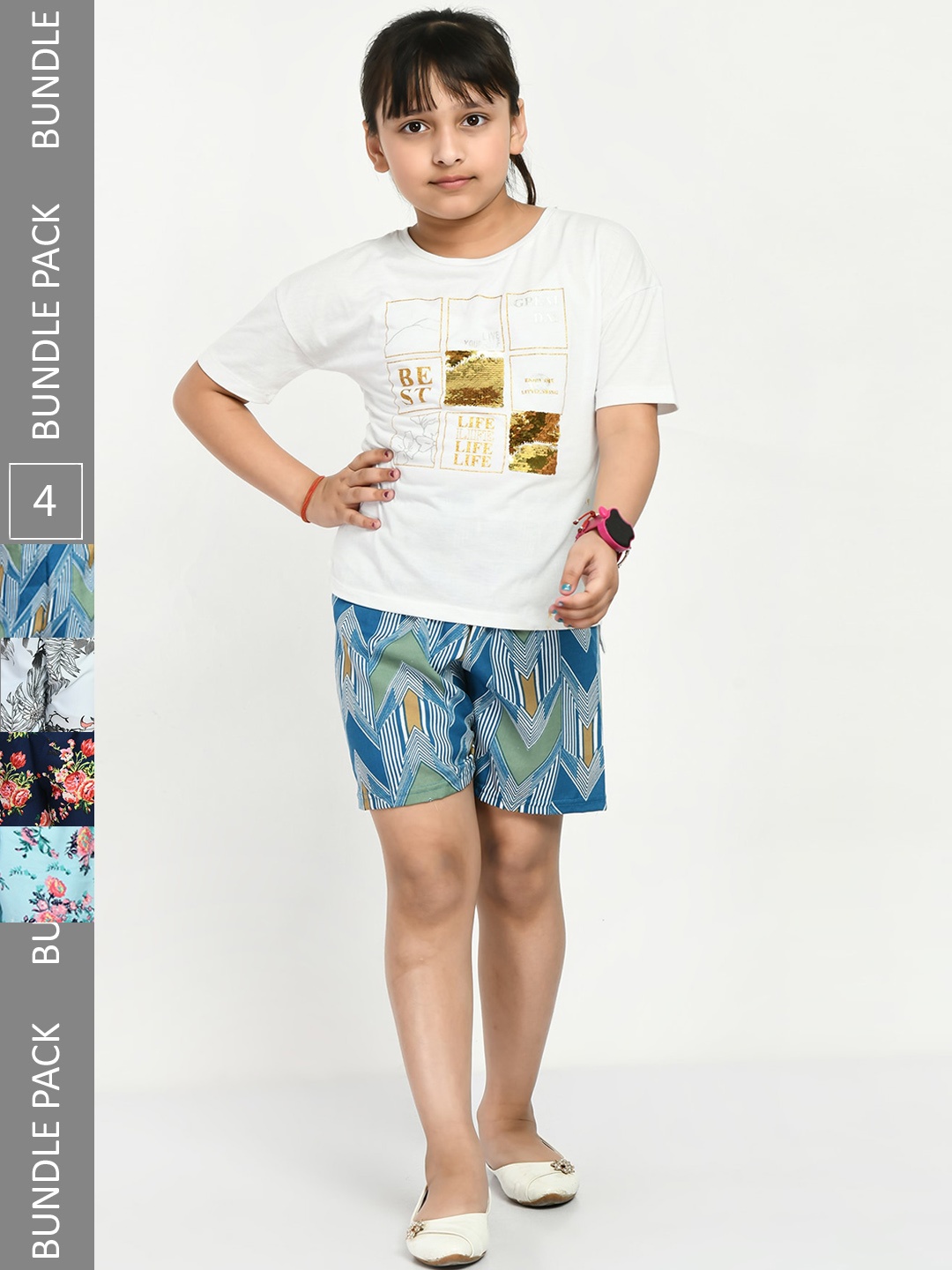 

IndiWeaves Girls Pack of 4 Printed High-Rise Shorts, Blue