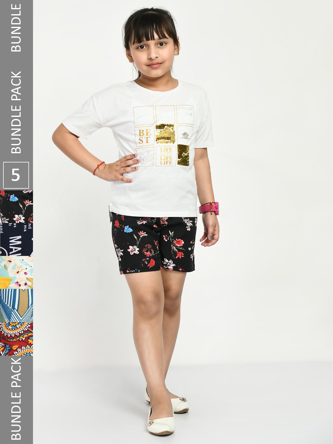 

IndiWeaves Girls Pack Of 5 Printed High-Rise Shorts, Black