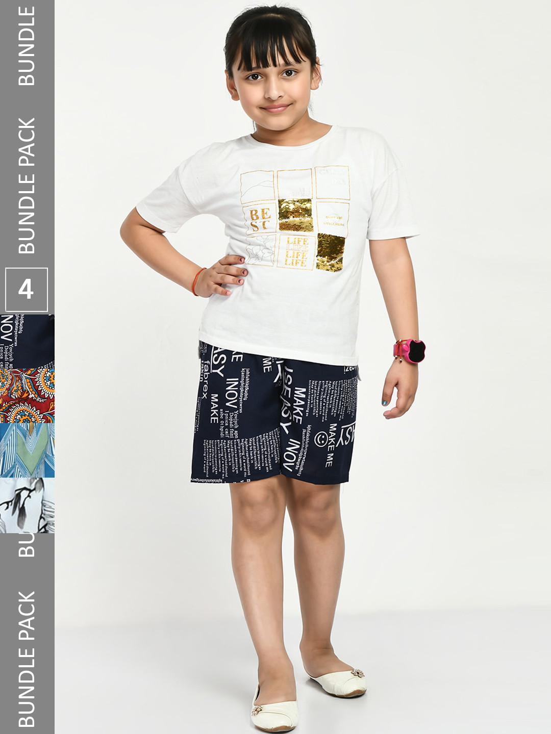 

IndiWeaves Girls Pack Of 4 Printed High-Rise Shorts, Blue