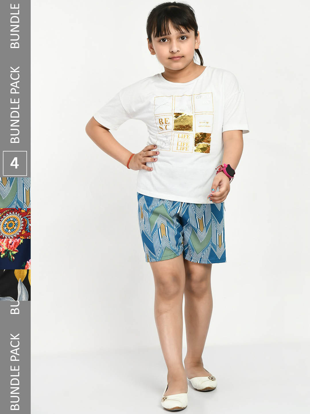 

IndiWeaves Girls Pack Of 4 Printed High-Rise Shorts, Blue