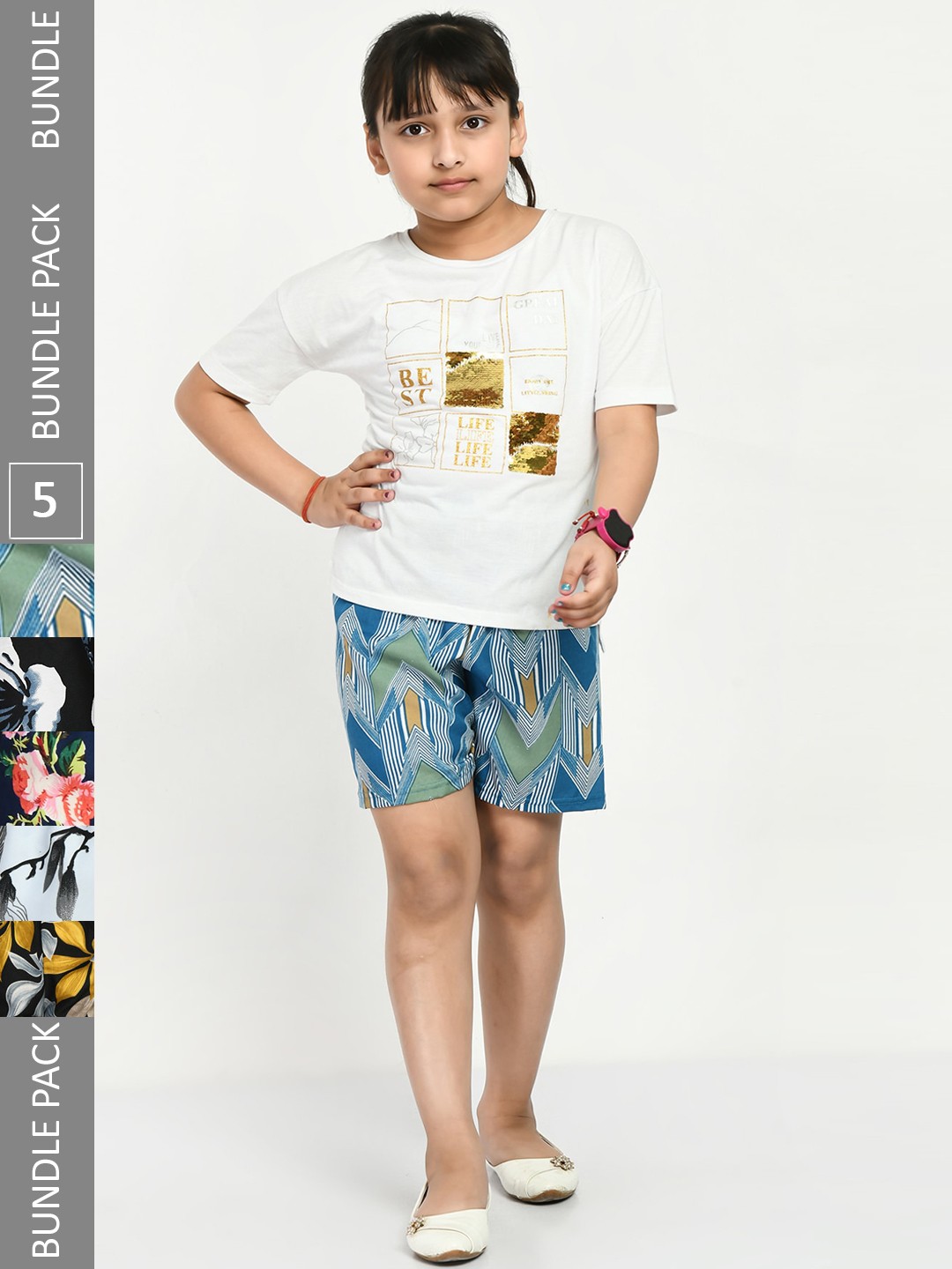 

IndiWeaves Girls Pack Of 5 Printed High-Rise Shorts, Blue