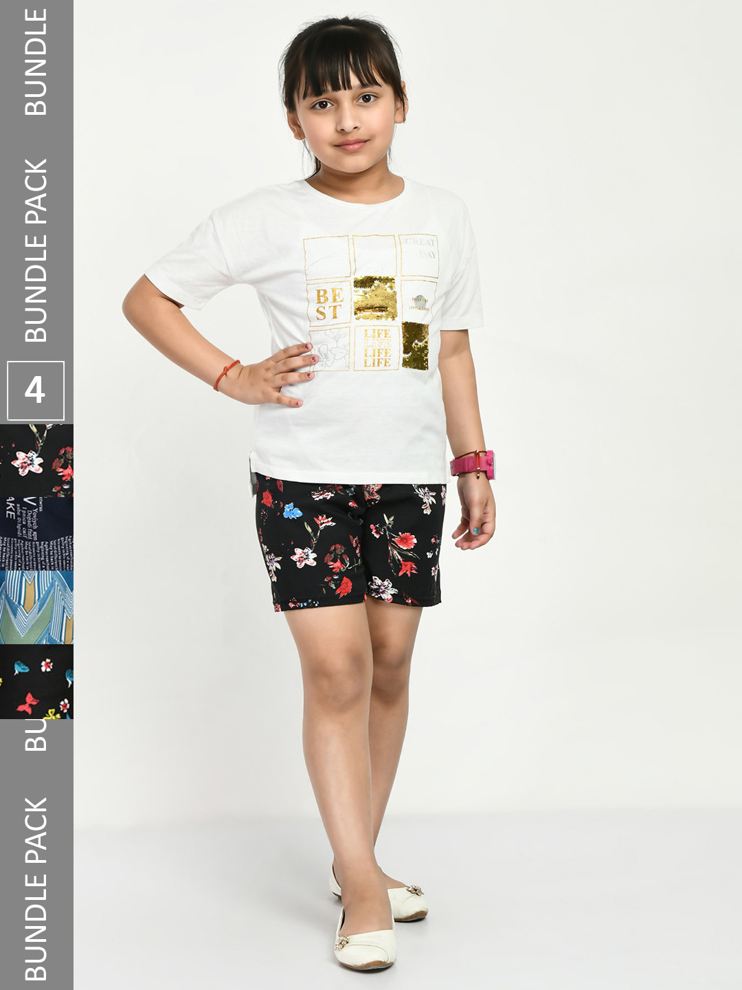 

IndiWeaves Girls Pack Of 4 Floral Printed High-Rise Shorts, Black