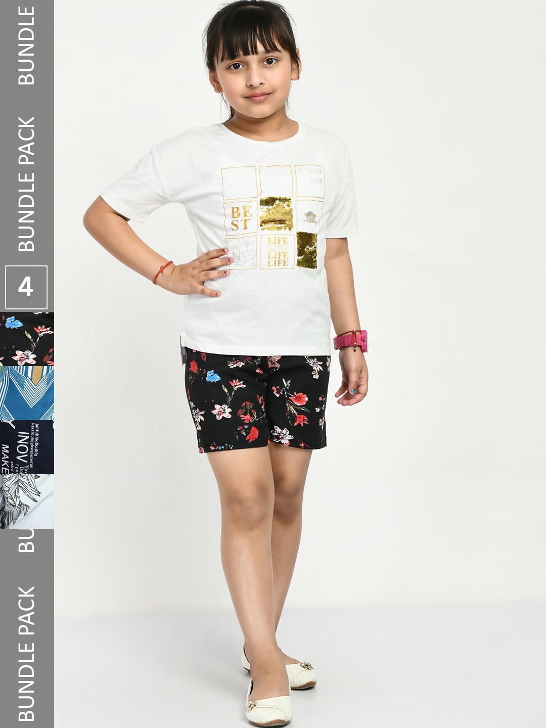 

IndiWeaves Girls Pack of 4 Printed High-Rise Shorts, Black