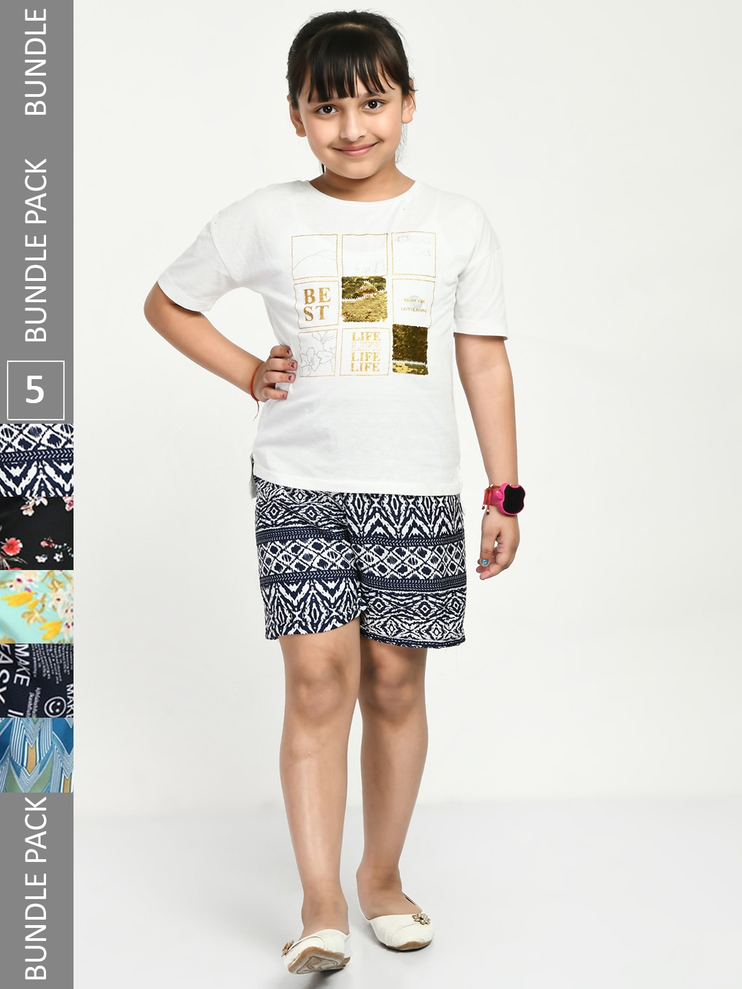 

IndiWeaves Girls Pack of 5 Printed High-Rise Crepe Shorts, Blue