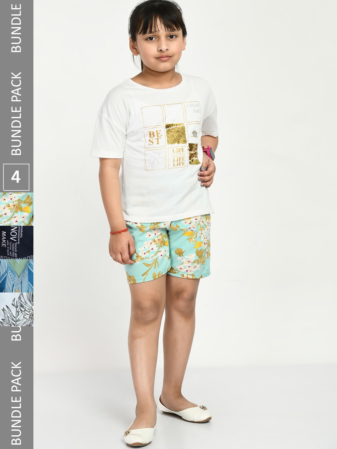 

IndiWeaves Girls Pack of 4 Printed High-Rise Shorts, Green