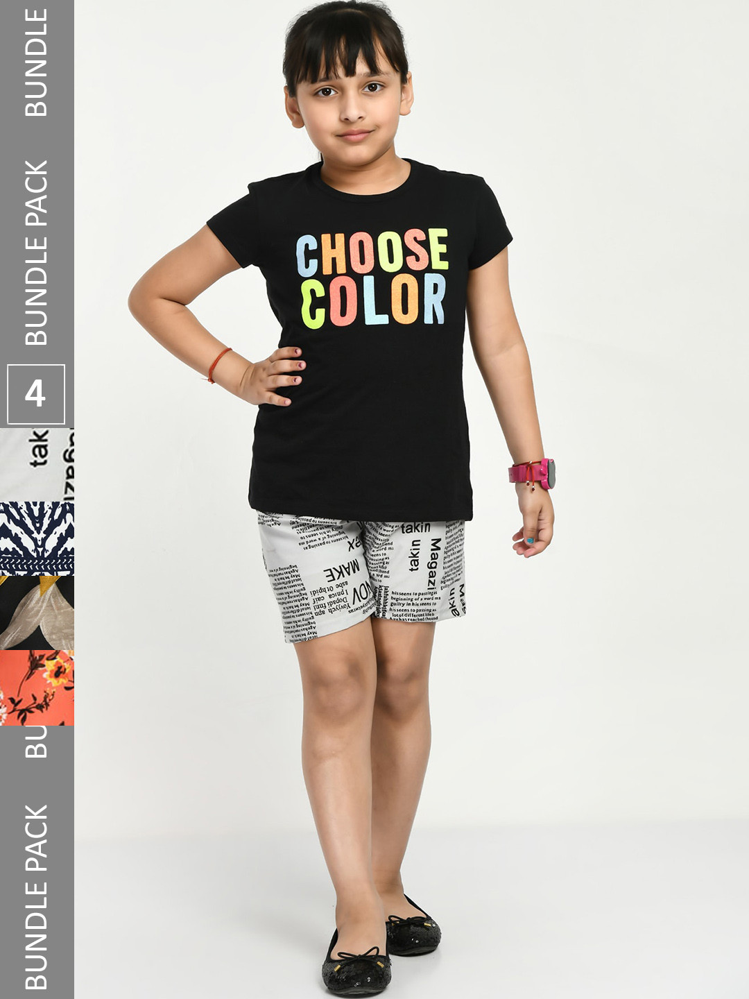 

IndiWeaves Girls Pack Of 4 Floral Printed High-Rise Shorts, Grey