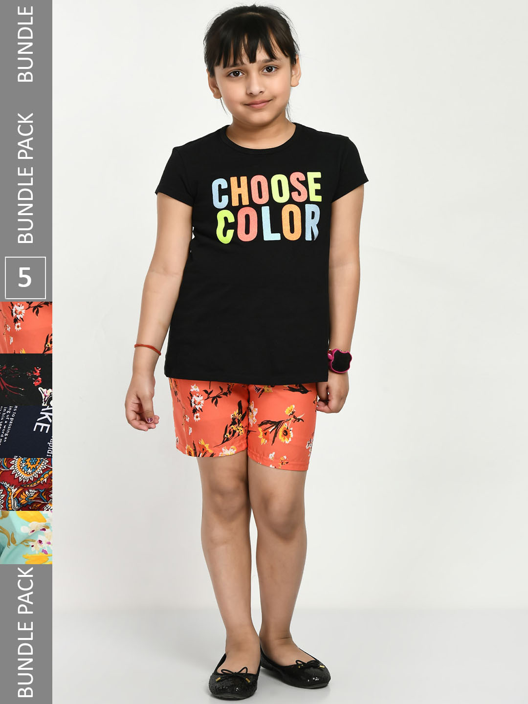 

IndiWeaves Girls Pack Of 5 High-Rise Floral Printed Crepe Shorts, Coral