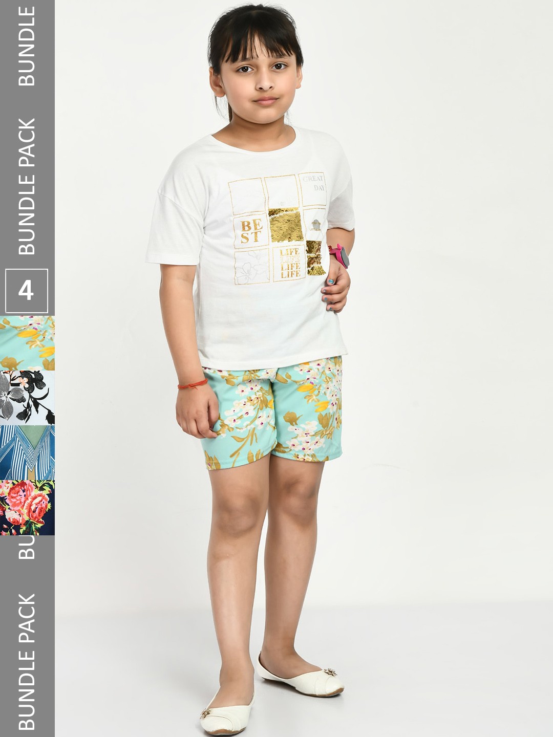

IndiWeaves Girls Pack Of 4 Floral Printed High-Rise Shorts, Sea green