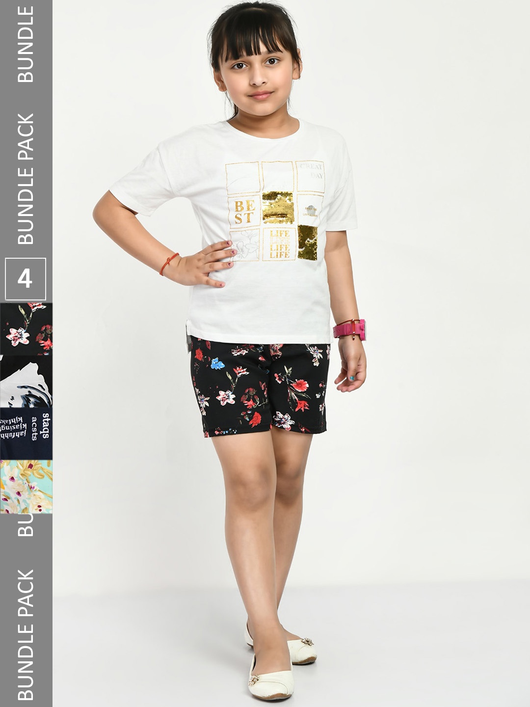 

IndiWeaves Girls Pack Of 4 Floral Printed High-Rise Shorts, Black