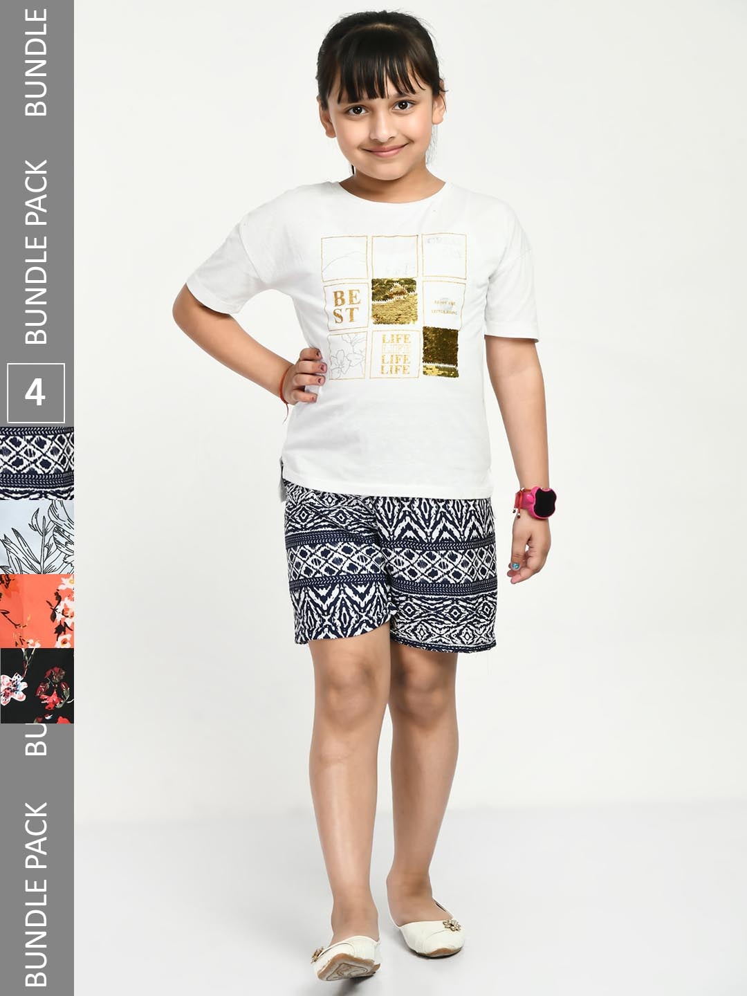 

IndiWeaves Girls Pack Of 4 Printed High-Rise Shorts, Grey