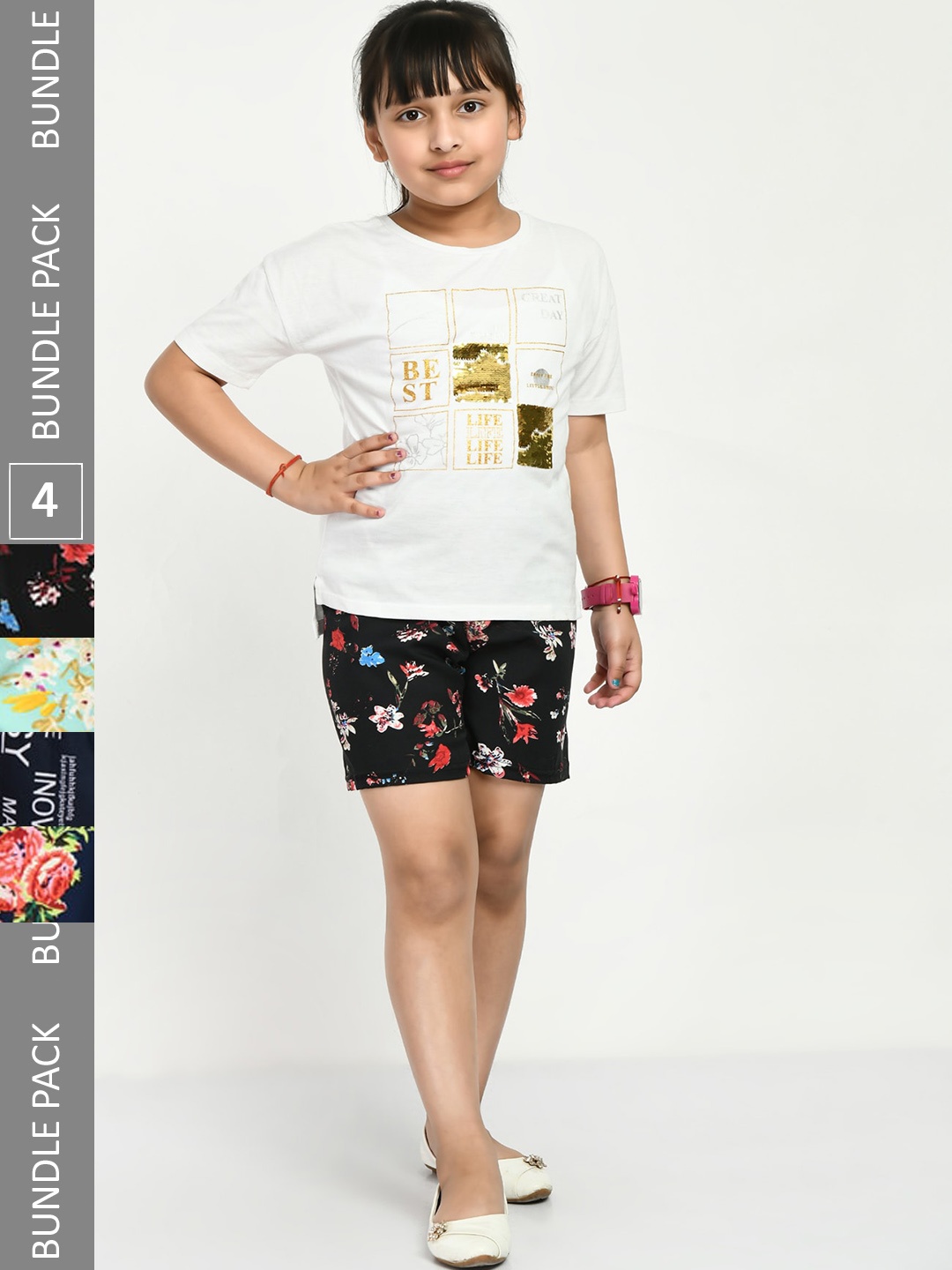 

IndiWeaves Girls Pack Of 4 High-Rise Floral Printed Crepe Shorts, Black