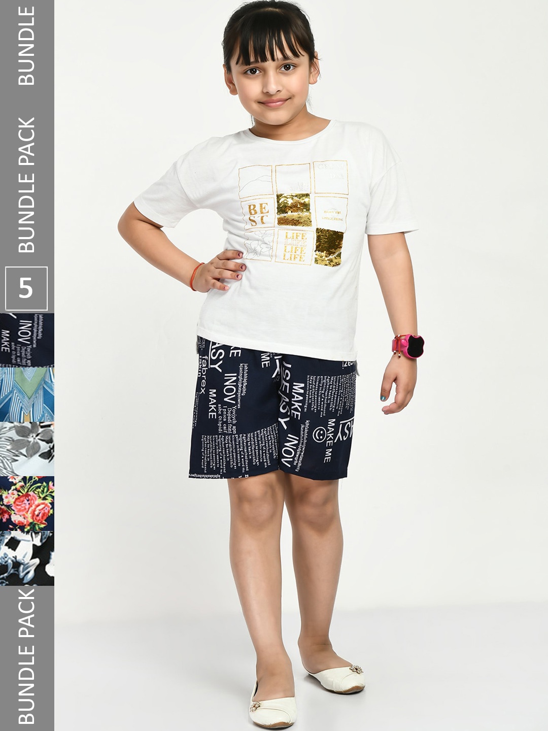 

IndiWeaves Girls Pack Of 5 Printed High-Rise Shorts, Black