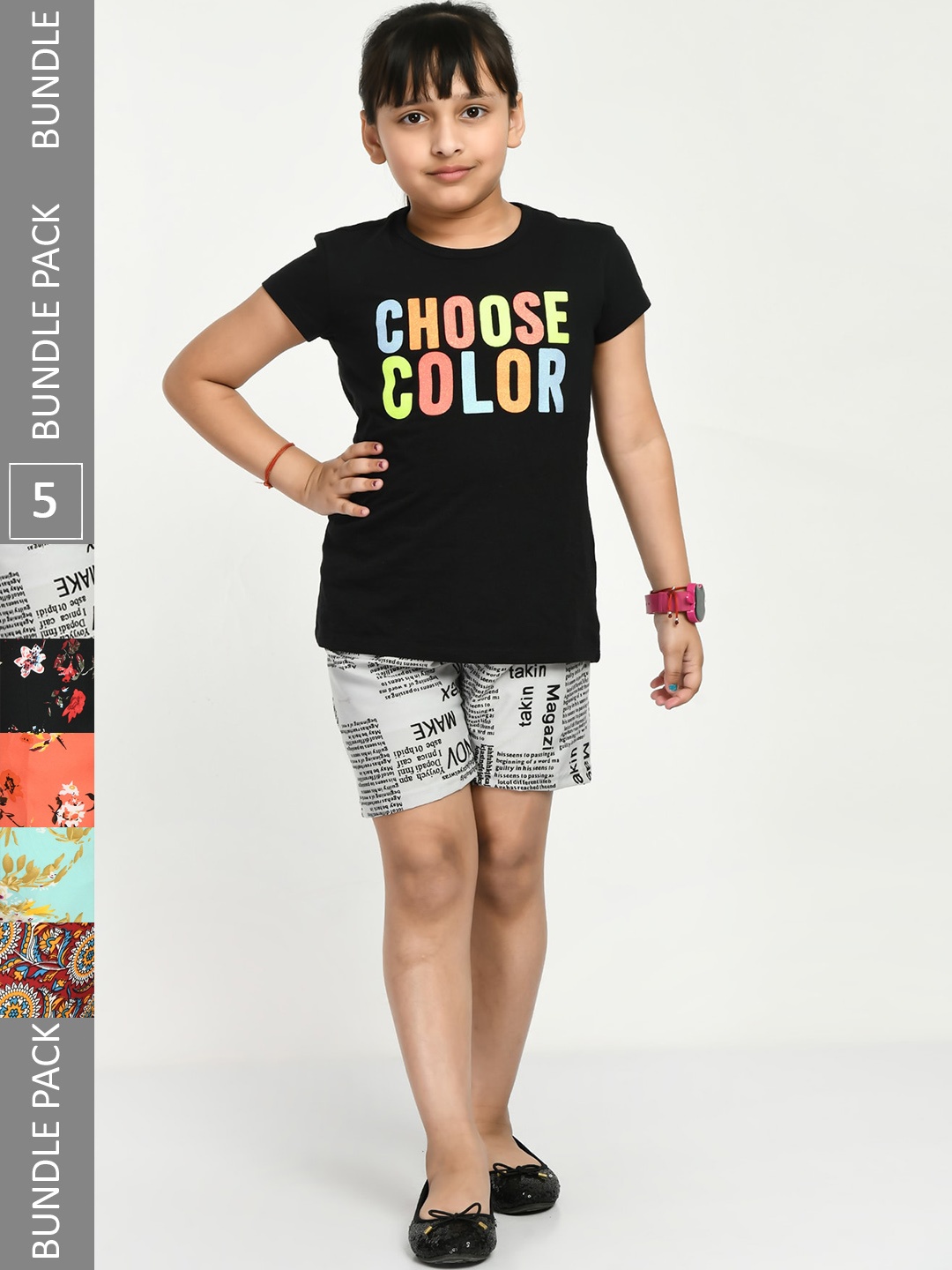 

IndiWeaves Girls Pack of 5 Printed High-Rise Shorts, Grey