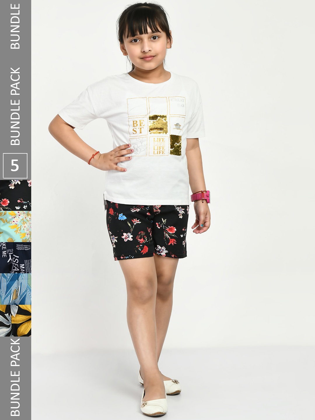 

IndiWeaves Girls Pack Of 5 Printed Mid-Rise Shorts, Black