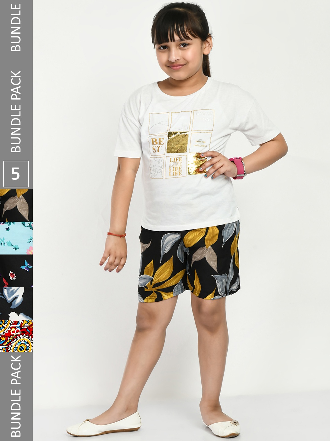 

IndiWeaves Girls Pack Of 5 Floral Printed High-Rise Shorts, Black