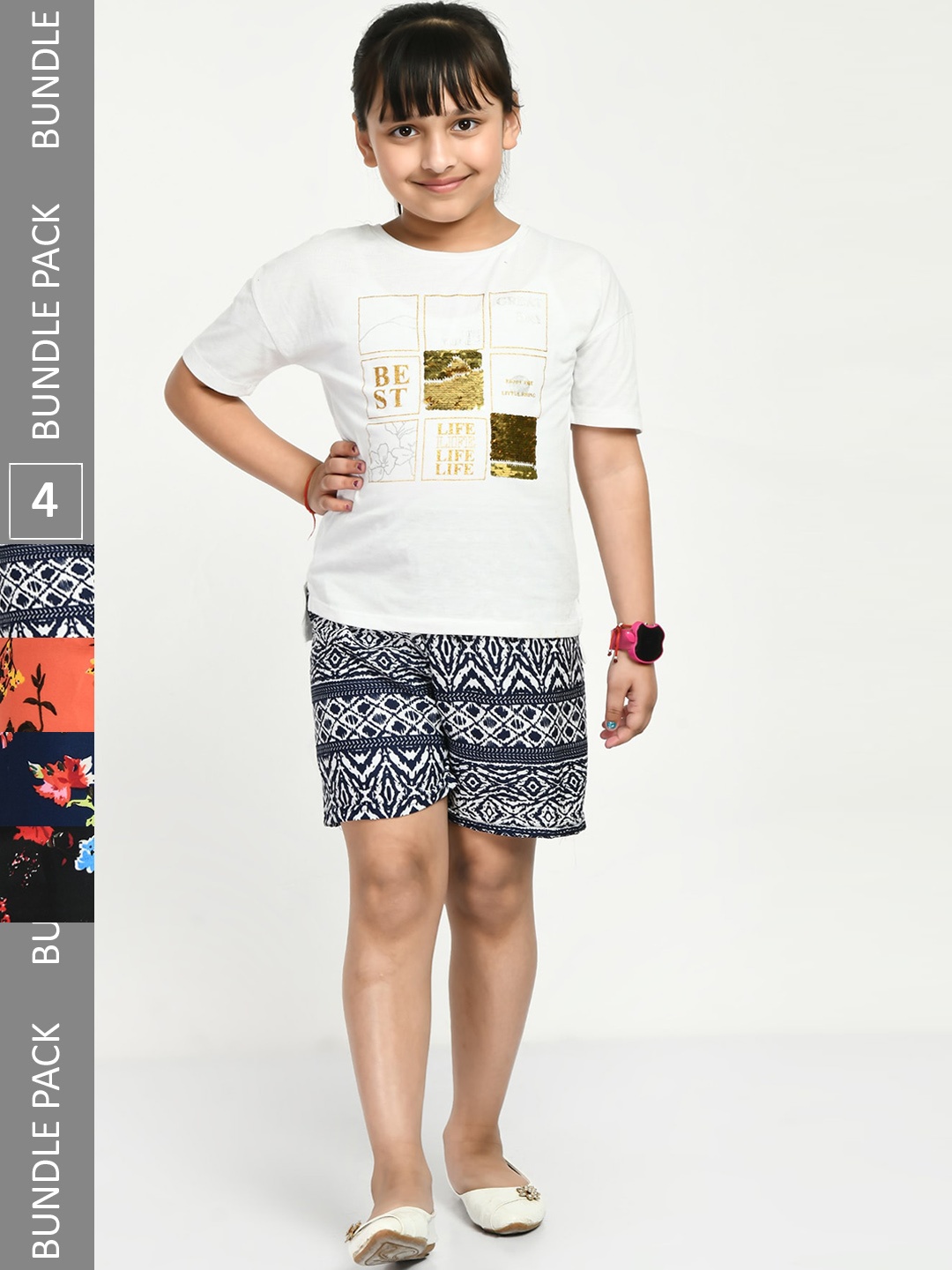 

IndiWeaves Girls Pack of 4 Printed High-Rise Shorts, Navy blue